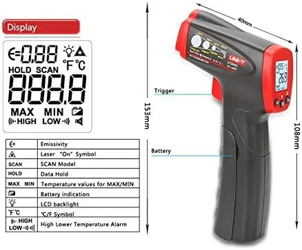 دماسنج مادون قرمز غیر تماسی دستی یونی تی مدل UT300S، تستر الکترونیکی دمای صنعتی با آلارم دماسنج مادون قرمز غیر تماسی دستی یونی تی مدل UT300S، تستر الکترونیکی دمای صنعتی با آلارم