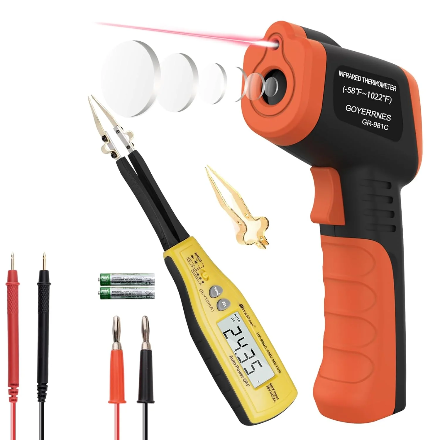 مجموعه ترمومتر مادون قرمز و تستر SMD، مولتی متر انبری 6000 شمارنده با قابلیت اندازه گیری خودکار مقاومت، ظرفیت خازنی و دیود، ترمومتر لیزری دیجیتال مادون قرمز -50 تا 550 درجه سانتیگراد