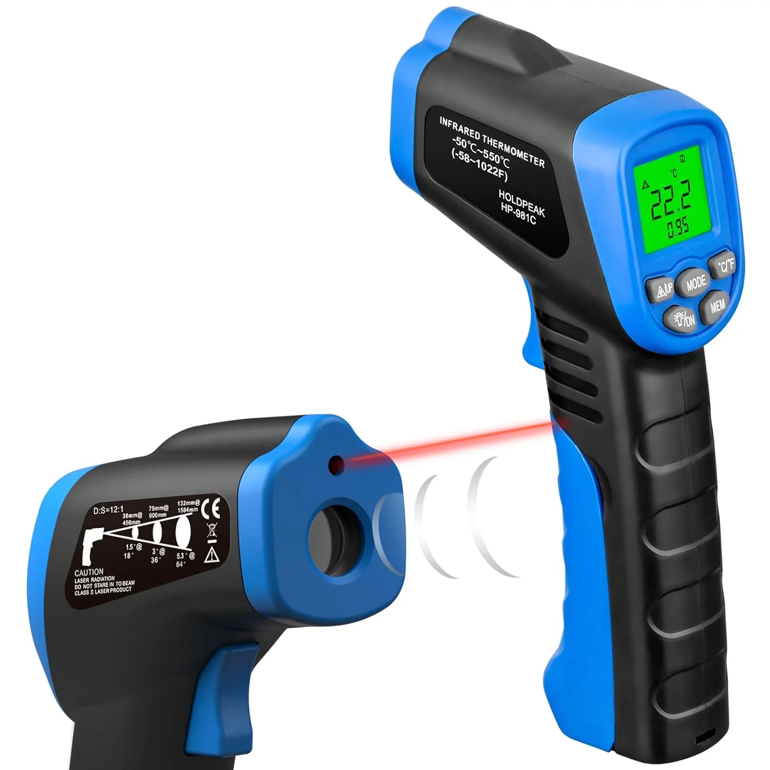 ترمومتر لیزری دیجیتال غیر تماسی H HOLDPEAK 981C با قابلیت خوانش فوری دما از -50 تا 550 درجه سانتیگراد با باتری 9 ولت و ضریب تشعشع 0.1-1.0 (قابل تنظیم)