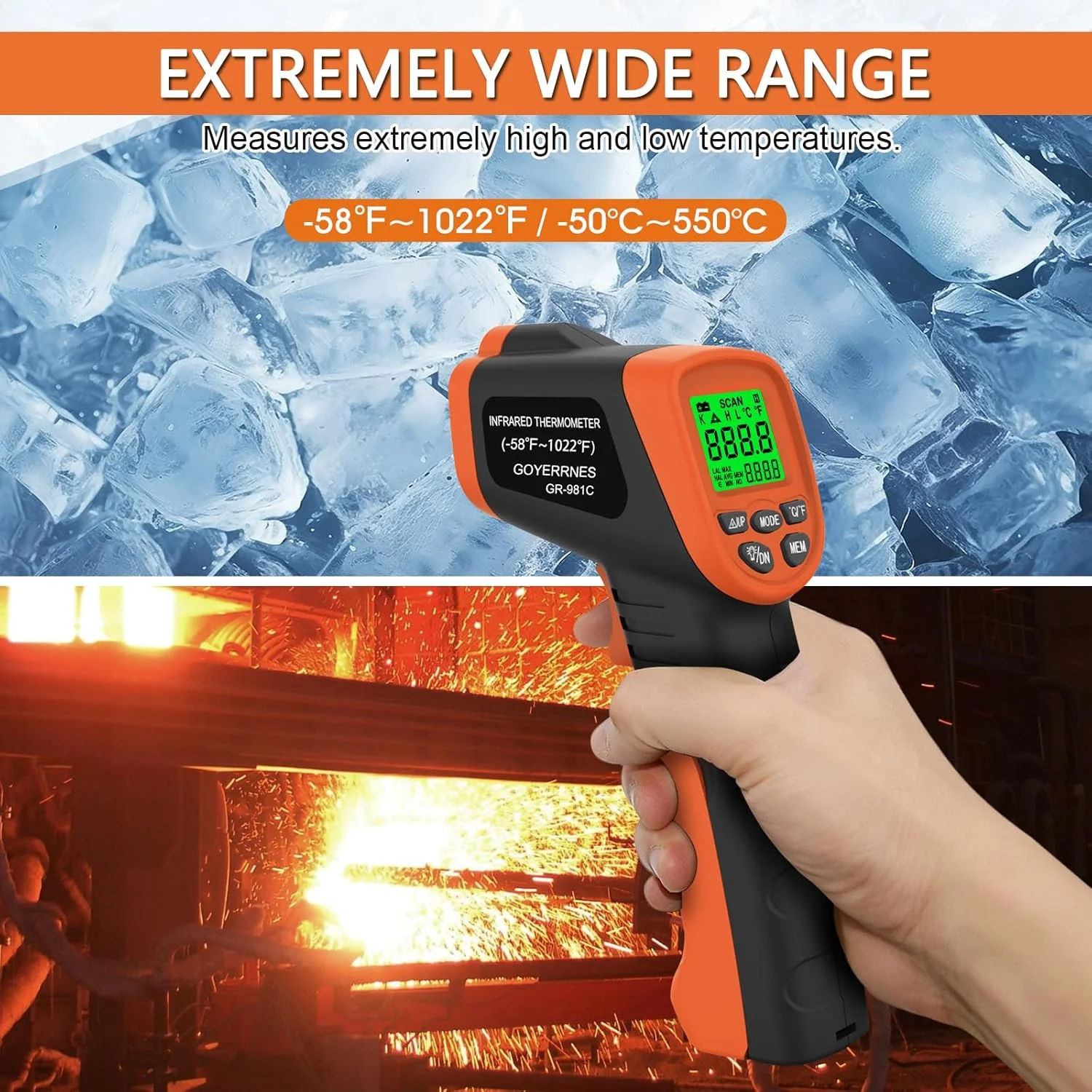 مجموعه ترمومتر مادون قرمز و تستر SMD، مولتی متر انبری 6000 شمارنده با قابلیت اندازه گیری خودکار مقاومت، ظرفیت خازنی و دیود، ترمومتر لیزری دیجیتال مادون قرمز -50 تا 550 درجه سانتیگراد