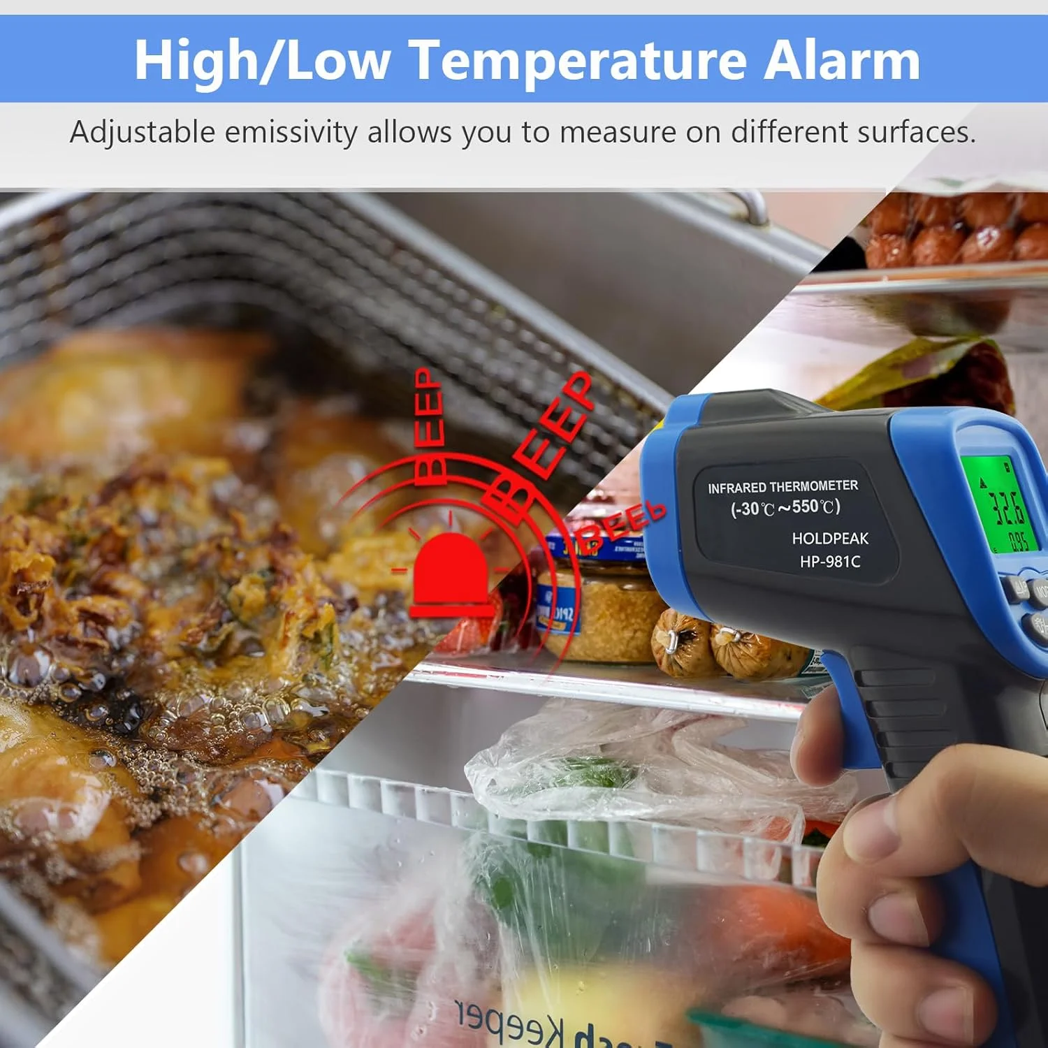 ترمومتر لیزری دیجیتال غیر تماسی H HOLDPEAK 981C با قابلیت خوانش فوری دما از -50 تا 550 درجه سانتیگراد با باتری 9 ولت و ضریب تشعشع 0.1-1.0 (قابل تنظیم) ترمومتر لیزری دیجیتال غیر تماسی H HOLDPEAK 981C با قابلیت خوانش فوری دما از -50 تا 550 درجه سانتیگراد با باتری 9 ولت و ضریب تشعشع 0.1-1.0 (قابل تنظیم)