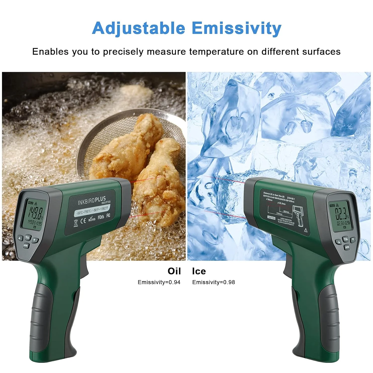دماسنج لیزری مادون قرمز دیجیتال INKBIRDPLUS، دماسنج های صنعتی غیر تماسی، اندازه گیری دما با لیزر مادون قرمز، -50°C~750°C با قابلیت تنظیم ضریب تشعشع، نور پس زمینه LCD، دقت بالا و نسبت نقطه 16:1 دماسنج لیزری مادون قرمز دیجیتال INKBIRDPLUS، دماسنج های صنعتی غیر تماسی، اندازه گیری دما با لیزر مادون قرمز، -50°C~750°C با قابلیت تنظیم ضریب تشعشع، نور پس زمینه LCD، دقت بالا و نسبت نقطه 16:1
