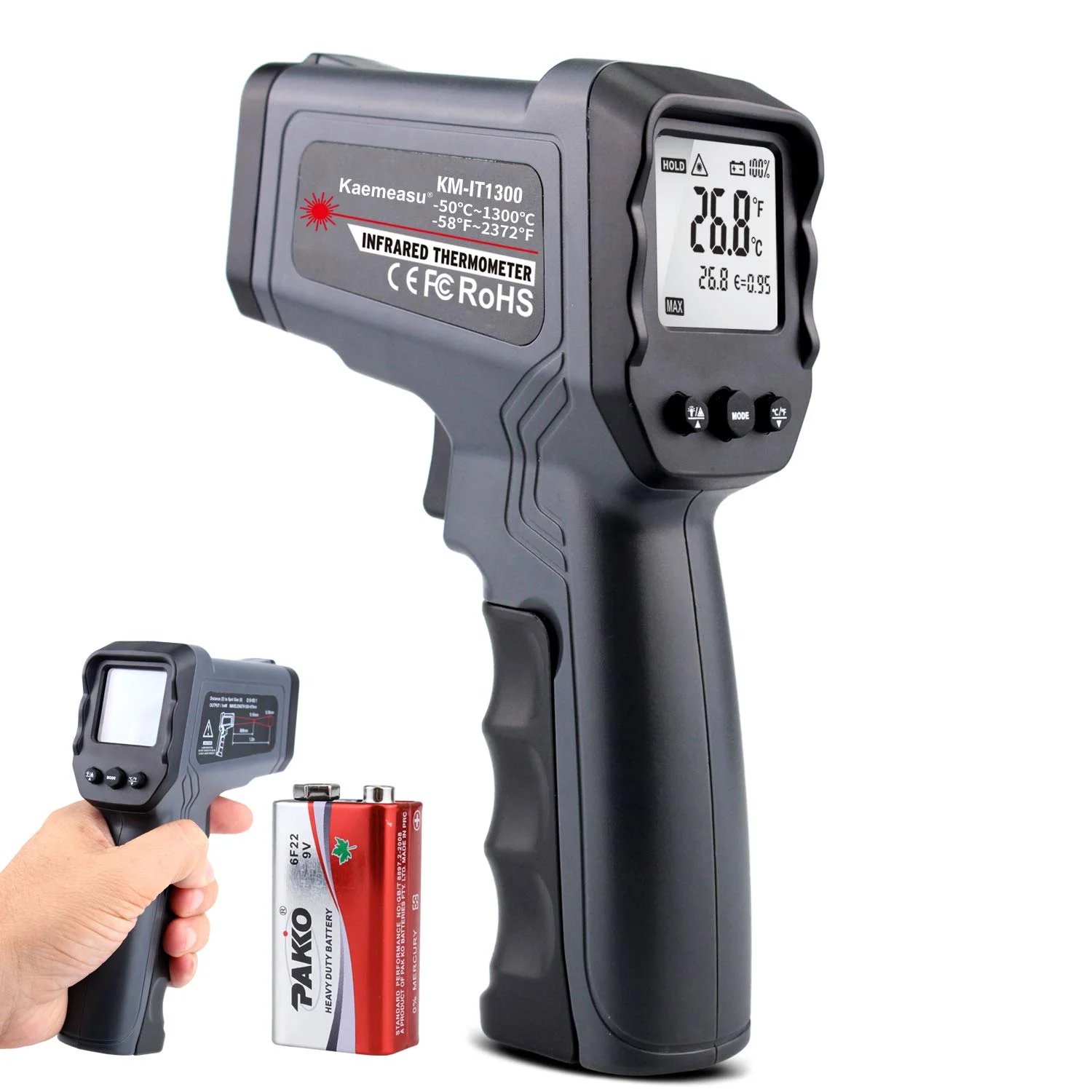 دماسنج مادون قرمز تفنگی Kaemeasu با دمای بالا -50℃ تا 1300℃ (-58℉ تا 2372℉) دماسنج IR صنعتی با قابلیت تنظیم ضریب انتشار لیزر دوگانه 50:1 برای نگهداری برق HVAC خودرو (KM-IT1300) دماسنج مادون قرمز تفنگی Kaemeasu با دمای بالا -50℃ تا 1300℃ (-58℉ تا 2372℉) دماسنج IR صنعتی با قابلیت تنظیم ضریب انتشار لیزر دوگانه 50:1 برای نگهداری برق HVAC خودرو (KM-IT1300)