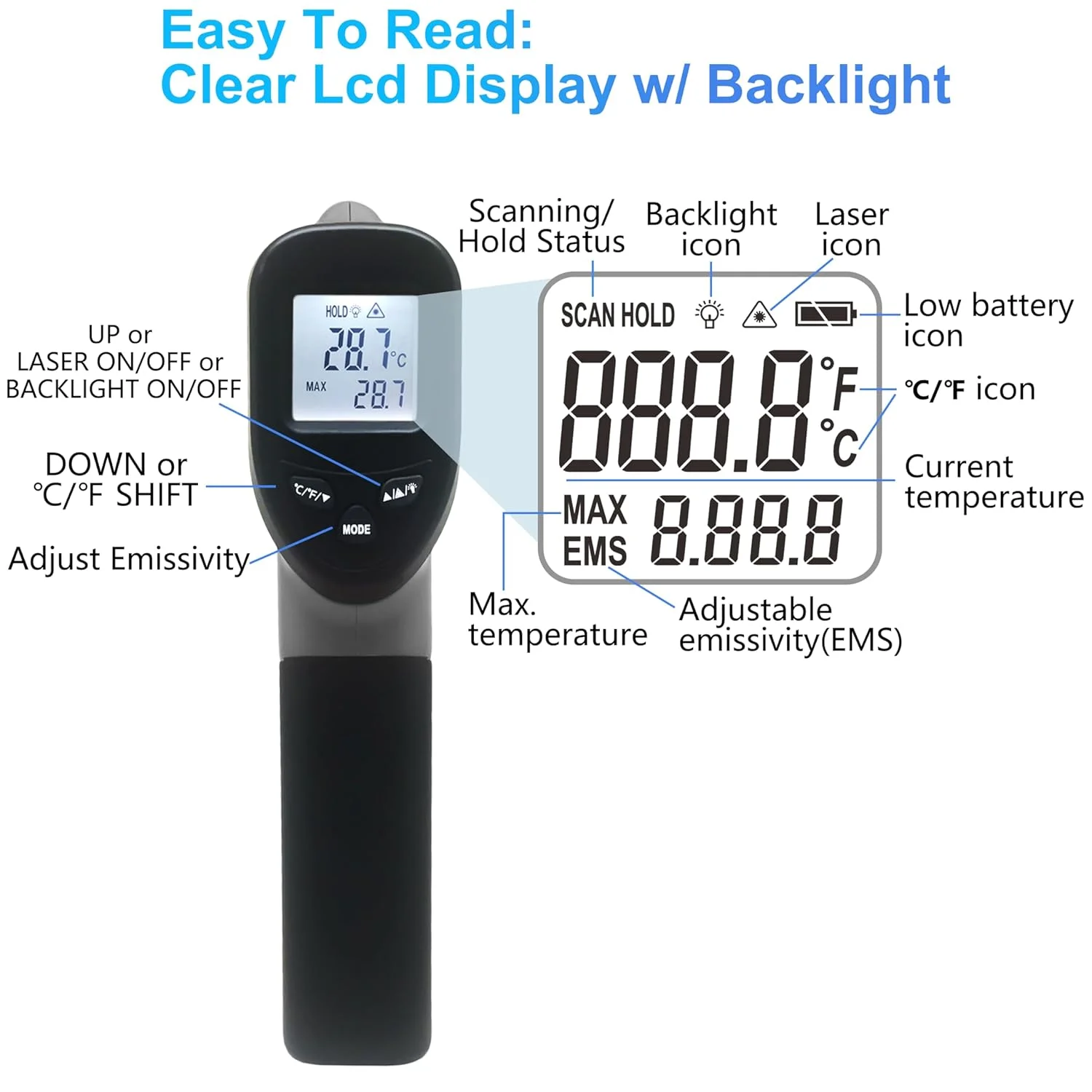 دماسنج لیزری مادون قرمز هیتو -50 تا 600 درجه سانتیگراد، مناسب برای فر پیتزا، آشپزی، یخچال، استخر، حیوانات خانگی، تهویه مطبوع، اندازه گیری دمای سطح گوشت، غذا و مایعات دماسنج لیزری مادون قرمز هیتو -50 تا 600 درجه سانتیگراد، مناسب برای فر پیتزا، آشپزی، یخچال، استخر، حیوانات خانگی، تهویه مطبوع، اندازه گیری دمای سطح گوشت، غذا و مایعات