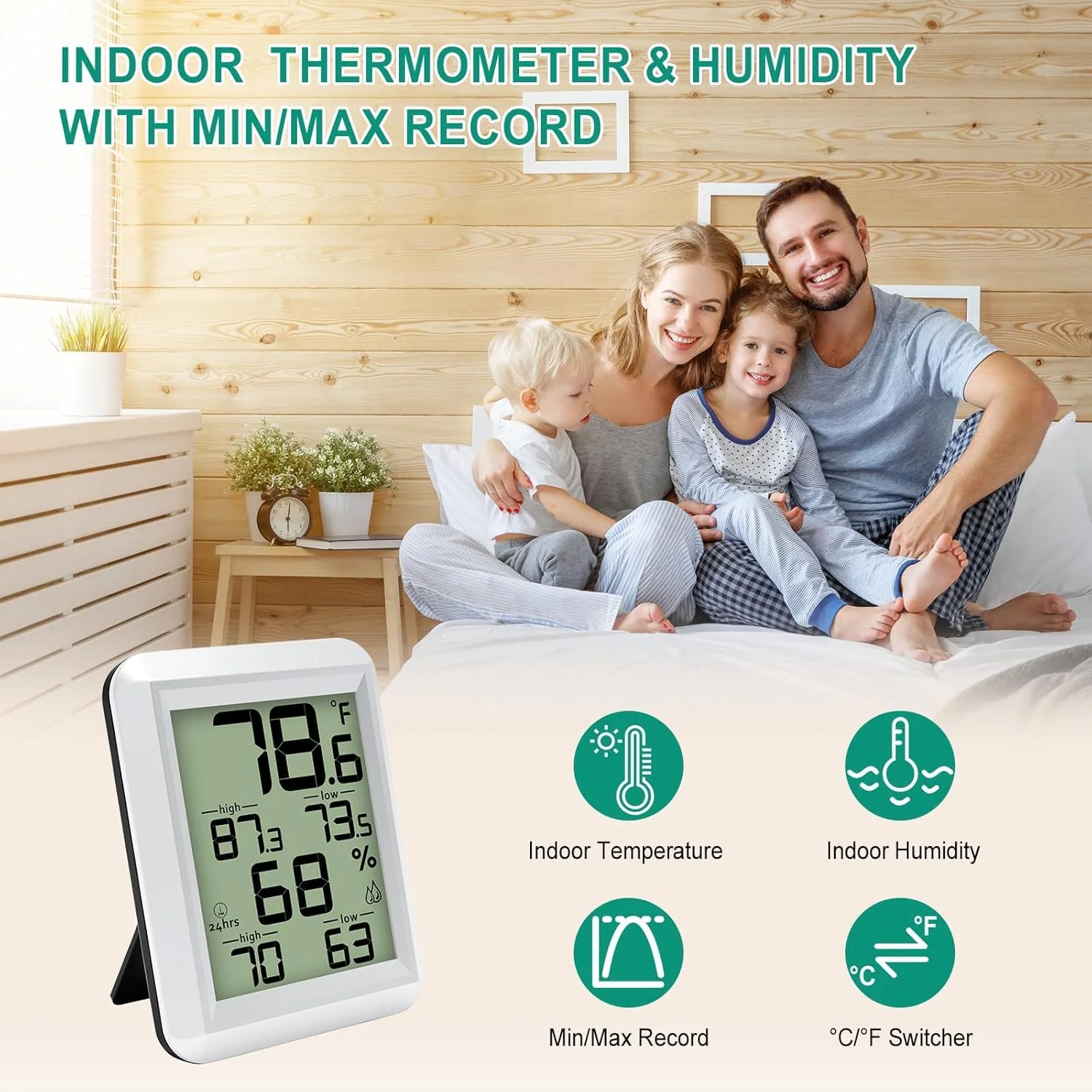 رطوبت سنج دیجیتال KASTWAVE، دماسنج داخلی با قابلیت ثبت حداقل/حداکثر، دماسنج اتاق با نمایش دما و رطوبت برای خانه، دفتر، اتاق کودک، آشپزخانه، گلخانه