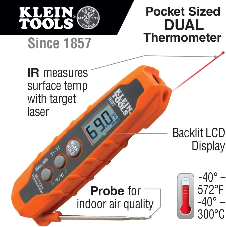 دماسنج دیجیتال جیبی ال سی دی کلاین تولز IR07 دوگانه مادون قرمز (IR) و پراب دماسنج دیجیتال جیبی ال سی دی کلاین تولز IR07 دوگانه مادون قرمز (IR) و پراب