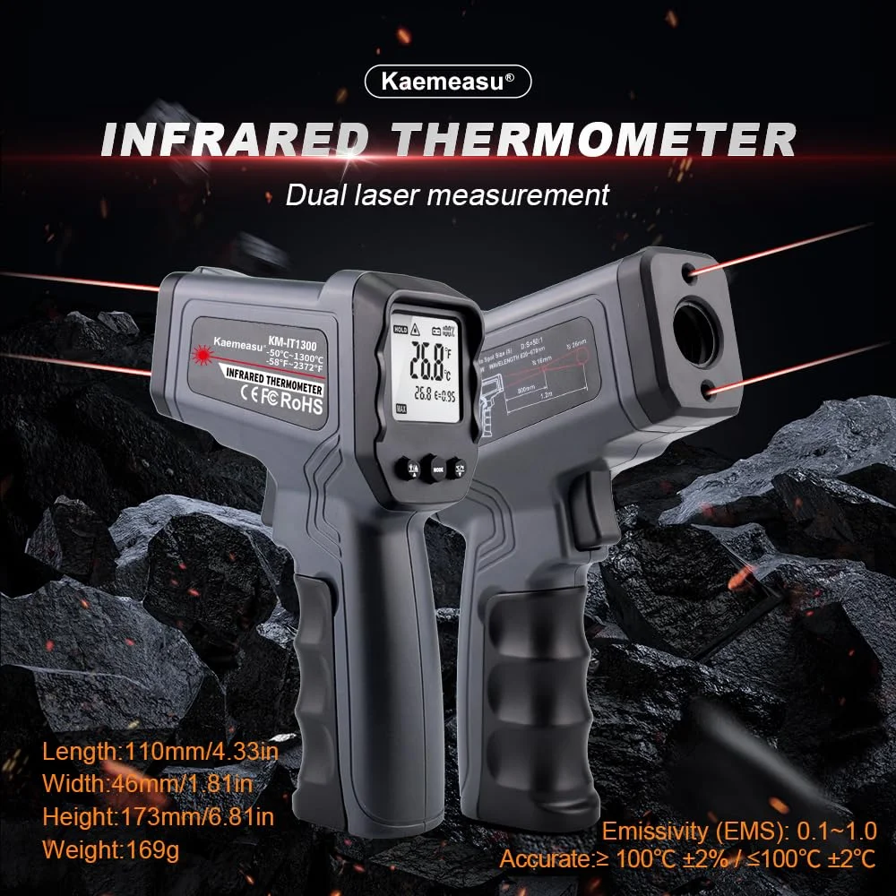 دماسنج مادون قرمز تفنگی Kaemeasu با دمای بالا -50℃ تا 1300℃ (-58℉ تا 2372℉) دماسنج IR صنعتی با قابلیت تنظیم ضریب انتشار لیزر دوگانه 50:1 برای نگهداری برق HVAC خودرو (KM-IT1300) دماسنج مادون قرمز تفنگی Kaemeasu با دمای بالا -50℃ تا 1300℃ (-58℉ تا 2372℉) دماسنج IR صنعتی با قابلیت تنظیم ضریب انتشار لیزر دوگانه 50:1 برای نگهداری برق HVAC خودرو (KM-IT1300)