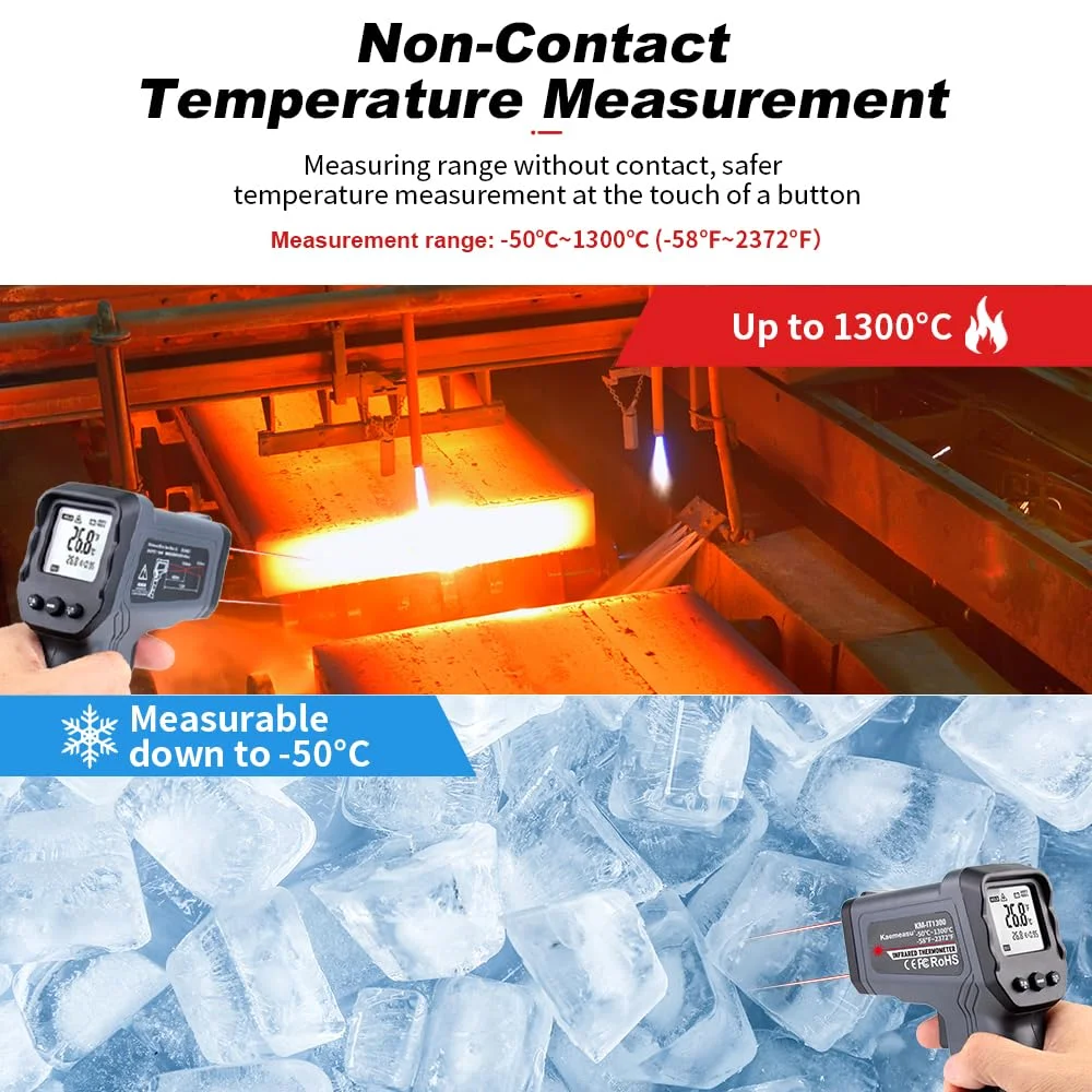 دماسنج مادون قرمز تفنگی Kaemeasu با دمای بالا -50℃ تا 1300℃ (-58℉ تا 2372℉) دماسنج IR صنعتی با قابلیت تنظیم ضریب انتشار لیزر دوگانه 50:1 برای نگهداری برق HVAC خودرو (KM-IT1300) دماسنج مادون قرمز تفنگی Kaemeasu با دمای بالا -50℃ تا 1300℃ (-58℉ تا 2372℉) دماسنج IR صنعتی با قابلیت تنظیم ضریب انتشار لیزر دوگانه 50:1 برای نگهداری برق HVAC خودرو (KM-IT1300)