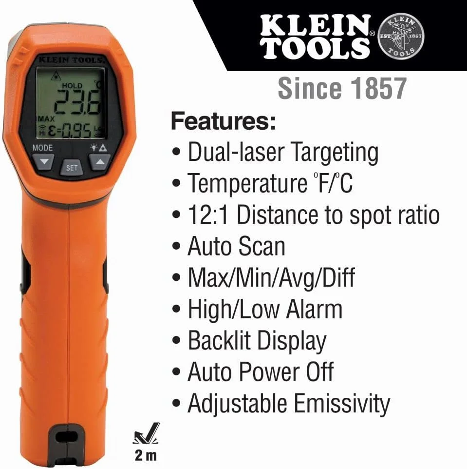 ترمومتر مادون قرمز لیزری دوگانه کلاین تولز IR5 با نسبت 12:1، تفنگ ترمومتر دیجیتال با صفحه نمایش دارای نور پس زمینه، هدف گیری لیزری دوگانه و اسکن خودکار، محدوده دمایی گسترده ترمومتر مادون قرمز لیزری دوگانه کلاین تولز IR5 با نسبت 12:1، تفنگ ترمومتر دیجیتال با صفحه نمایش دارای نور پس زمینه، هدف گیری لیزری دوگانه و اسکن خودکار، محدوده دمایی گسترده