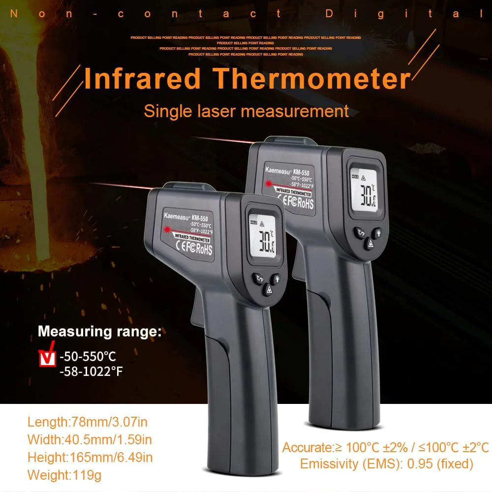 دماسنج لیزری تفنگی ترمومتر مادون قرمز Kaemeasu با باتری برای مصارف خانگی -50-550℃/-58-1022 ℉ مناسب برای پخت و پز، باربیکیو، مواد غذایی تازه سرد شده، موتور، HVAC دماسنج لیزری تفنگی ترمومتر مادون قرمز Kaemeasu با باتری برای مصارف خانگی -50-550℃/-58-1022 ℉ مناسب برای پخت و پز، باربیکیو، مواد غذایی تازه سرد شده، موتور، HVAC