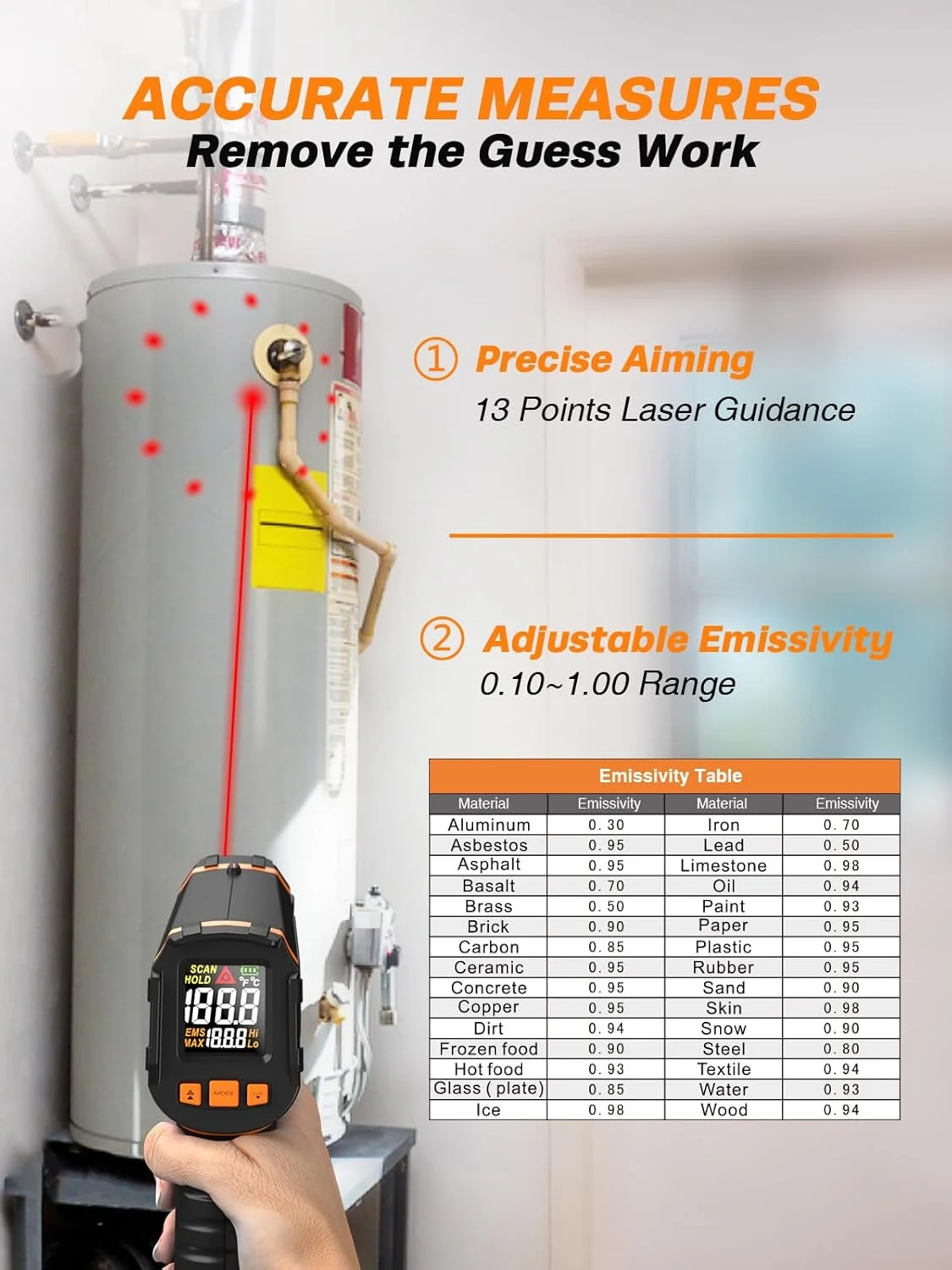 تب سنج لیزری مادون قرمز دیجیتال Mecurate، تفنگ دمای غیر تماسی -50℃~600℃، قابلیت تنظیم ضریب انتشار و حداکثر اندازه گیری برای پخت و پز/باربیکیو/فریزر تب سنج لیزری مادون قرمز دیجیتال Mecurate، تفنگ دمای غیر تماسی -50℃~600℃، قابلیت تنظیم ضریب انتشار و حداکثر اندازه گیری برای پخت و پز/باربیکیو/فریزر