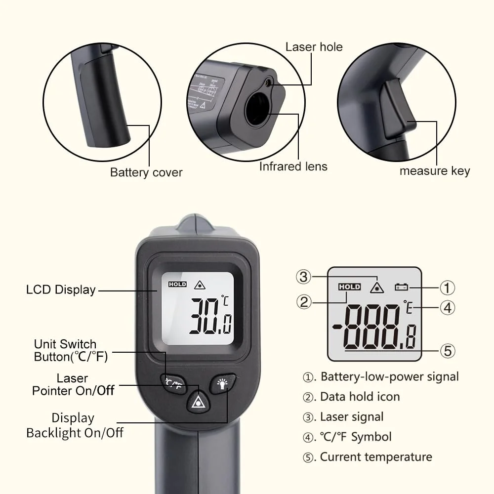 دماسنج لیزری تفنگی ترمومتر مادون قرمز Kaemeasu با باتری برای مصارف خانگی -50-550℃/-58-1022 ℉ مناسب برای پخت و پز، باربیکیو، مواد غذایی تازه سرد شده، موتور، HVAC دماسنج لیزری تفنگی ترمومتر مادون قرمز Kaemeasu با باتری برای مصارف خانگی -50-550℃/-58-1022 ℉ مناسب برای پخت و پز، باربیکیو، مواد غذایی تازه سرد شده، موتور، HVAC