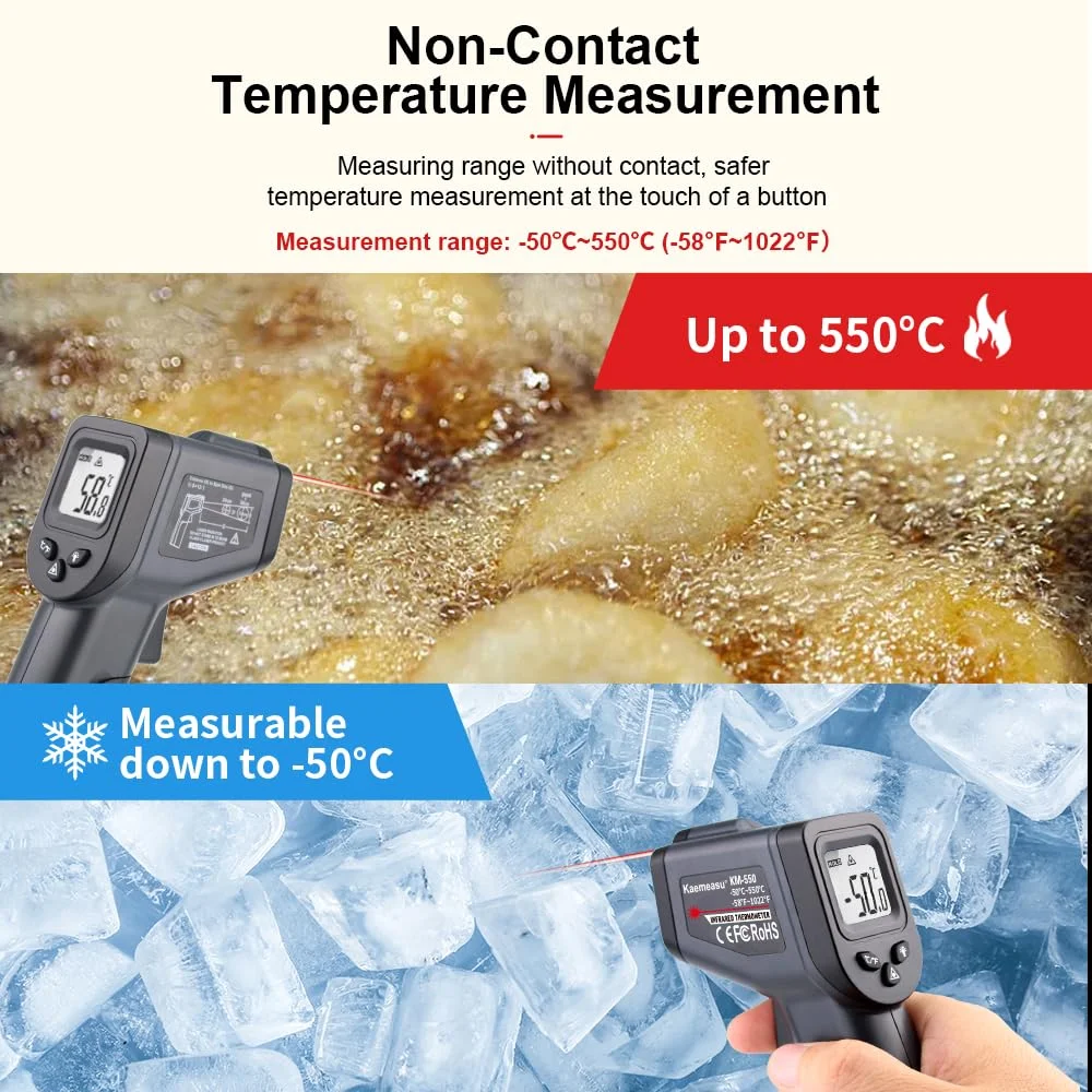 دماسنج لیزری تفنگی ترمومتر مادون قرمز Kaemeasu با باتری برای مصارف خانگی -50-550℃/-58-1022 ℉ مناسب برای پخت و پز، باربیکیو، مواد غذایی تازه سرد شده، موتور، HVAC دماسنج لیزری تفنگی ترمومتر مادون قرمز Kaemeasu با باتری برای مصارف خانگی -50-550℃/-58-1022 ℉ مناسب برای پخت و پز، باربیکیو، مواد غذایی تازه سرد شده، موتور، HVAC