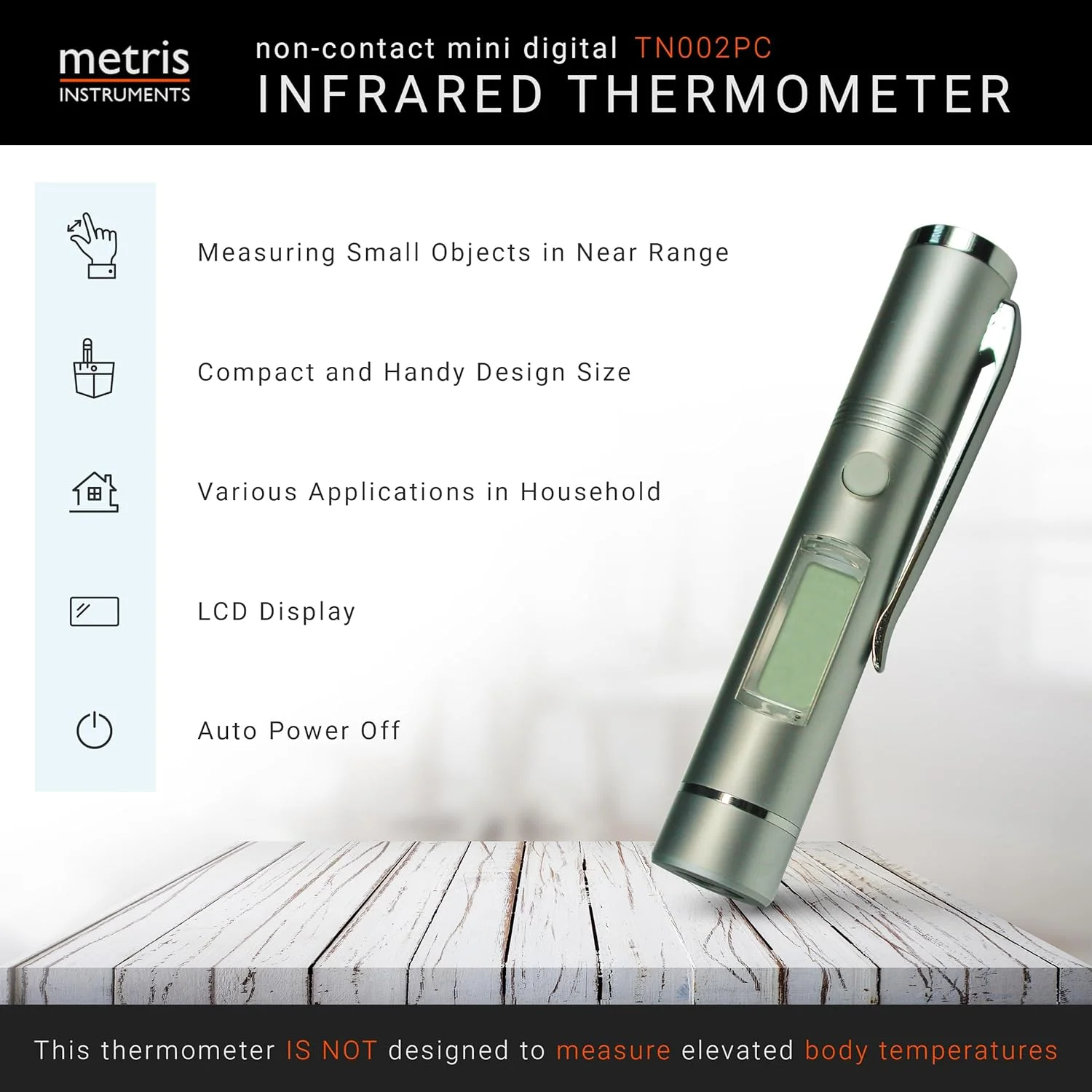 دماسنج مادون قرمز دیجیتال کوچک دارای گواهی UL4200A Reese’s Law برای خزندگان، زمین بازی، خودرو، [ -27.4° تا 428 °F ] (-33° تا 220 °C) نسبت 1:1 D:S، مدل TN002PC بدون لیزر