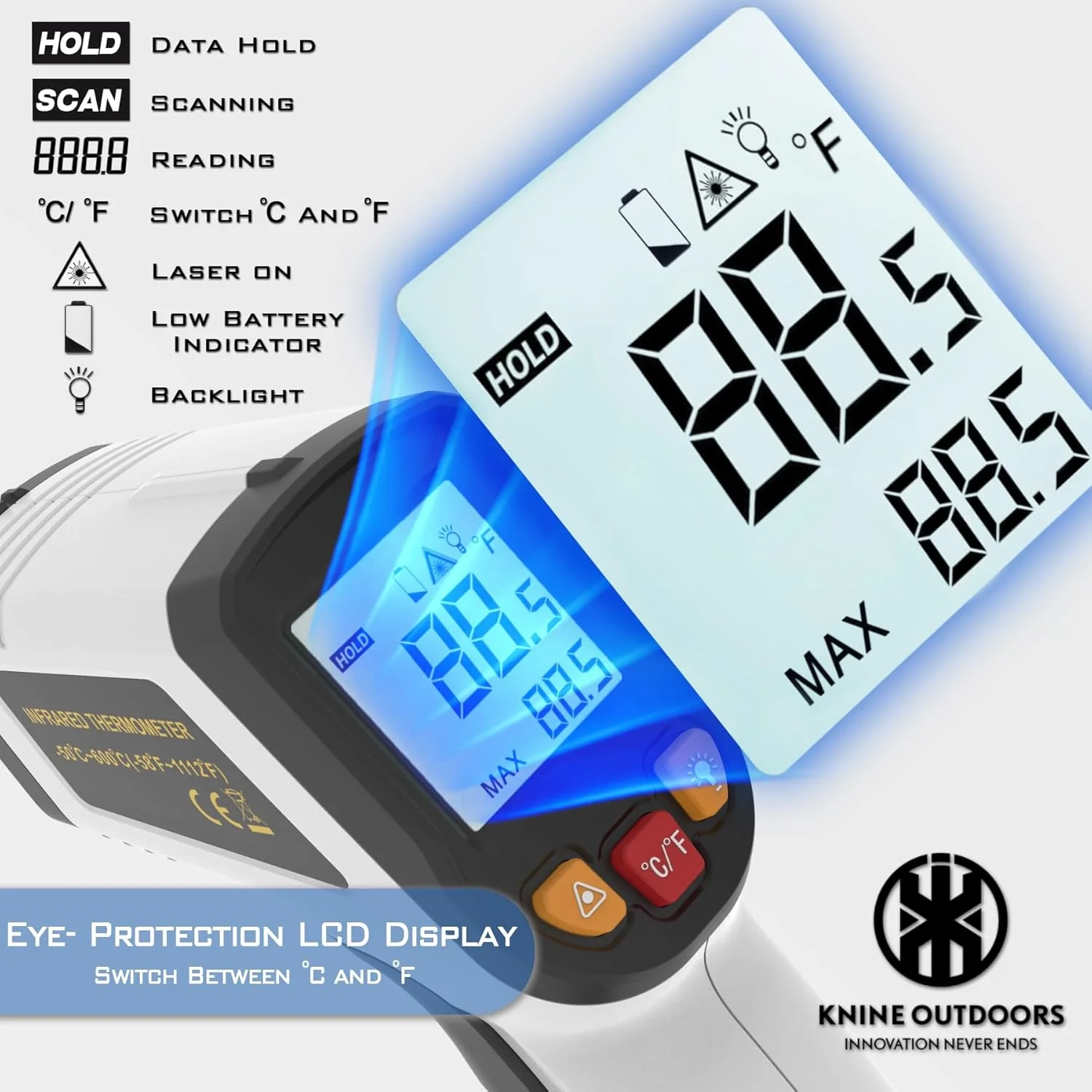 ترمومتر لیزری مادون قرمز KNINE OUTDOORS، محدوده دمایی -50 تا 600 درجه سانتیگراد، نشانه گیری لیزری تک نقطه ای، نسبت فاصله به نقطه 12:1، مناسب برای پخت و پز، فر و گوشت، طراحی سفید