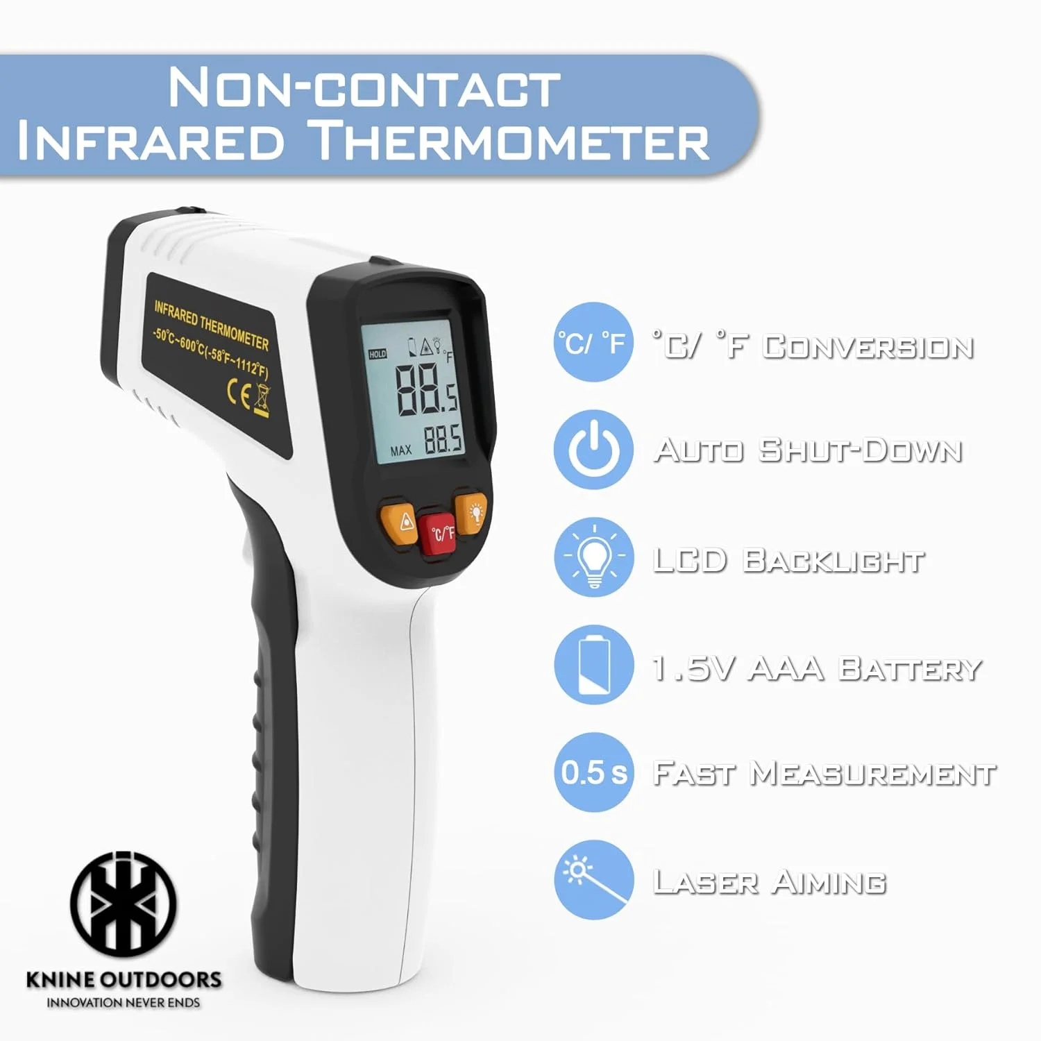 ترمومتر لیزری مادون قرمز KNINE OUTDOORS، محدوده دمایی -50 تا 600 درجه سانتیگراد، نشانه گیری لیزری تک نقطه ای، نسبت فاصله به نقطه 12:1، مناسب برای پخت و پز، فر و گوشت، طراحی سفید