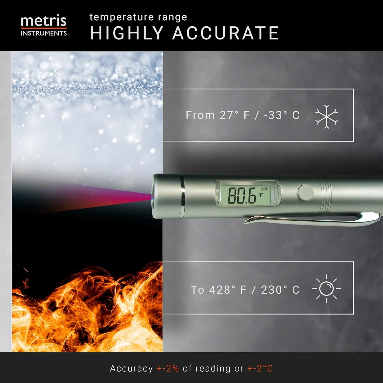 دماسنج مادون قرمز دیجیتال کوچک دارای گواهی UL4200A Reese’s Law برای خزندگان، زمین بازی، خودرو، [ -27.4° تا 428 °F ] (-33° تا 220 °C) نسبت 1:1 D:S، مدل TN002PC بدون لیزر