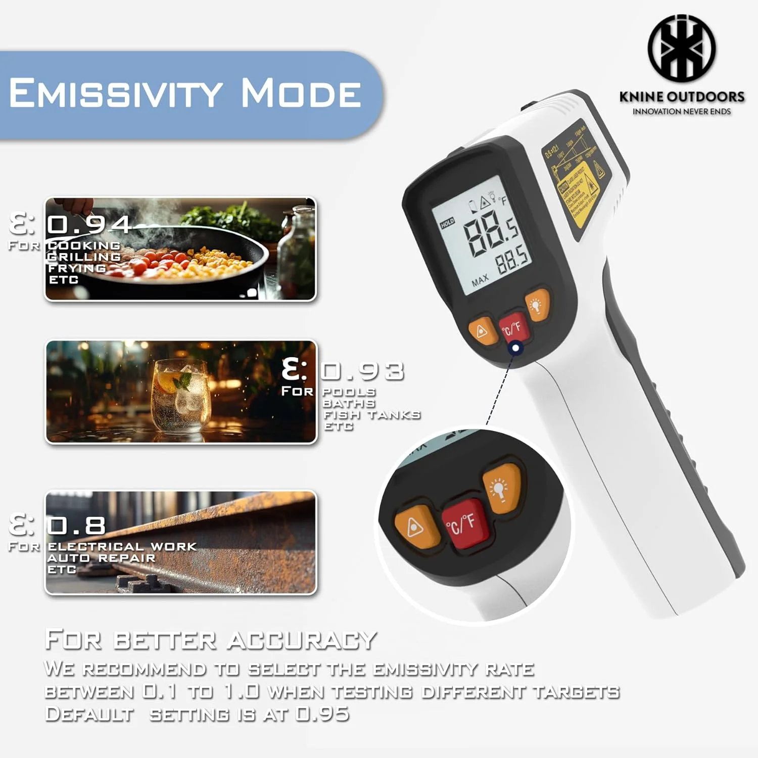 ترمومتر لیزری مادون قرمز KNINE OUTDOORS، محدوده دمایی -50 تا 600 درجه سانتیگراد، نشانه گیری لیزری تک نقطه ای، نسبت فاصله به نقطه 12:1، مناسب برای پخت و پز، فر و گوشت، طراحی سفید