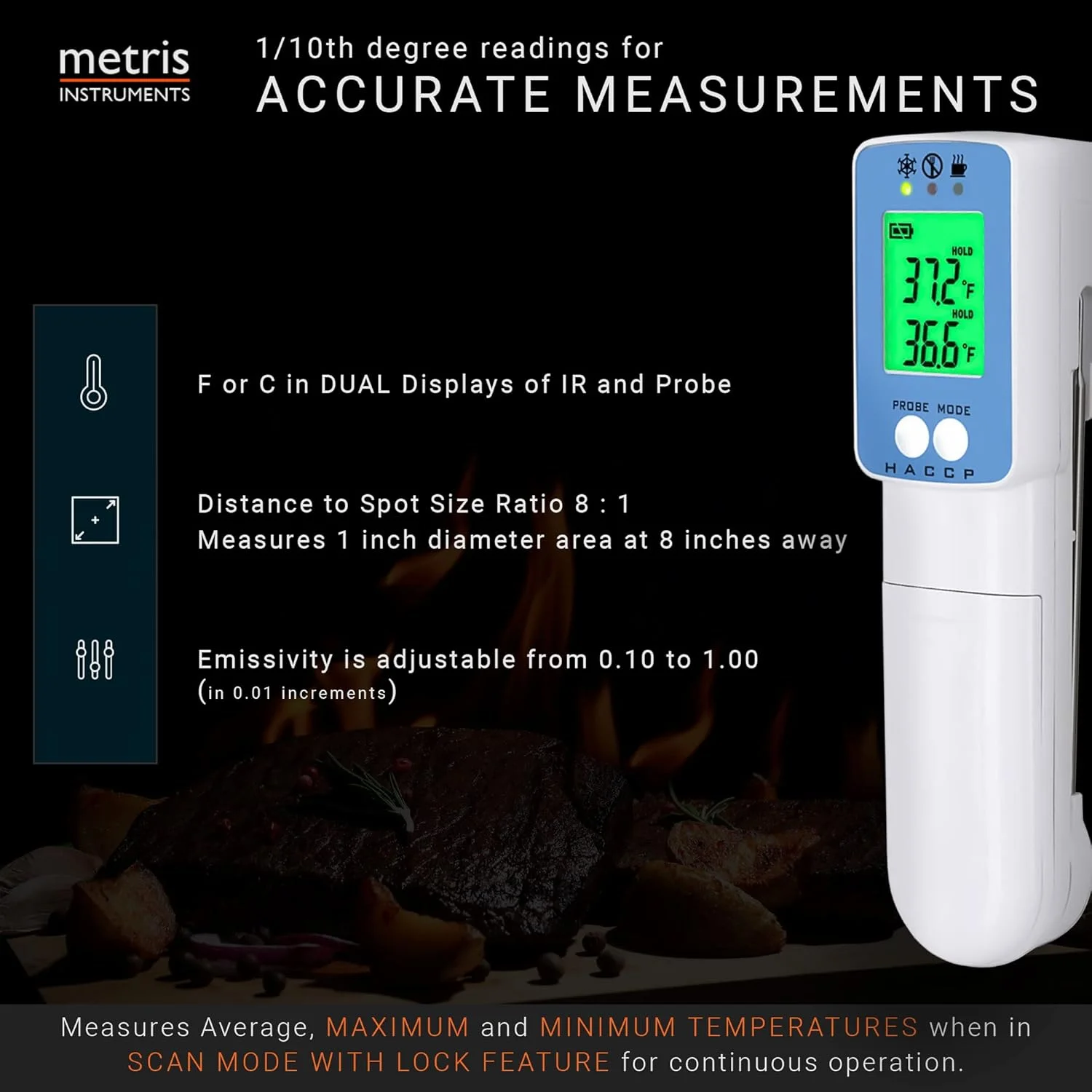 دماسنج مادون قرمز بازرس مواد غذایی Metris Instruments، دماسنج دیجیتال لیزری با قابلیت خوانش سریع، میله اندازه گیری دمای پخت گوشت، لوازم جانبی آشپزخانه، مناسب برای پخت و پز در فضای باز، کباب کردن و باربیکیو، مدل TCT703، مناسب برای انسان نیست