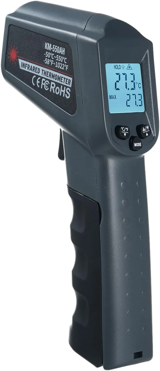 ترمومتر مادون قرمز غیر تماسی Morelian KM-550AH -50-550℃/-58-1022℉، تستر دمای دیجیتال دستی، ترمومتر صنعتی با دقت بالا با نور پس زمینه، نگه داری داده، خاموشی خودکار