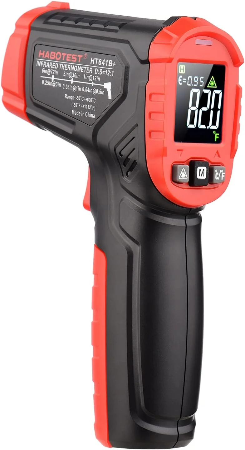 ترمومتر مادون قرمز موریلیان HT641A+، محدوده دمایی -50 تا 600 درجه سانتیگراد، دماسنج لیزری غیر تماسی دیجیتال دستی برای اندازه گیری دمای سطح، با قابلیت تنظیم ضریب تشعشع برای مصارف صنعتی، آشپزی و گریل