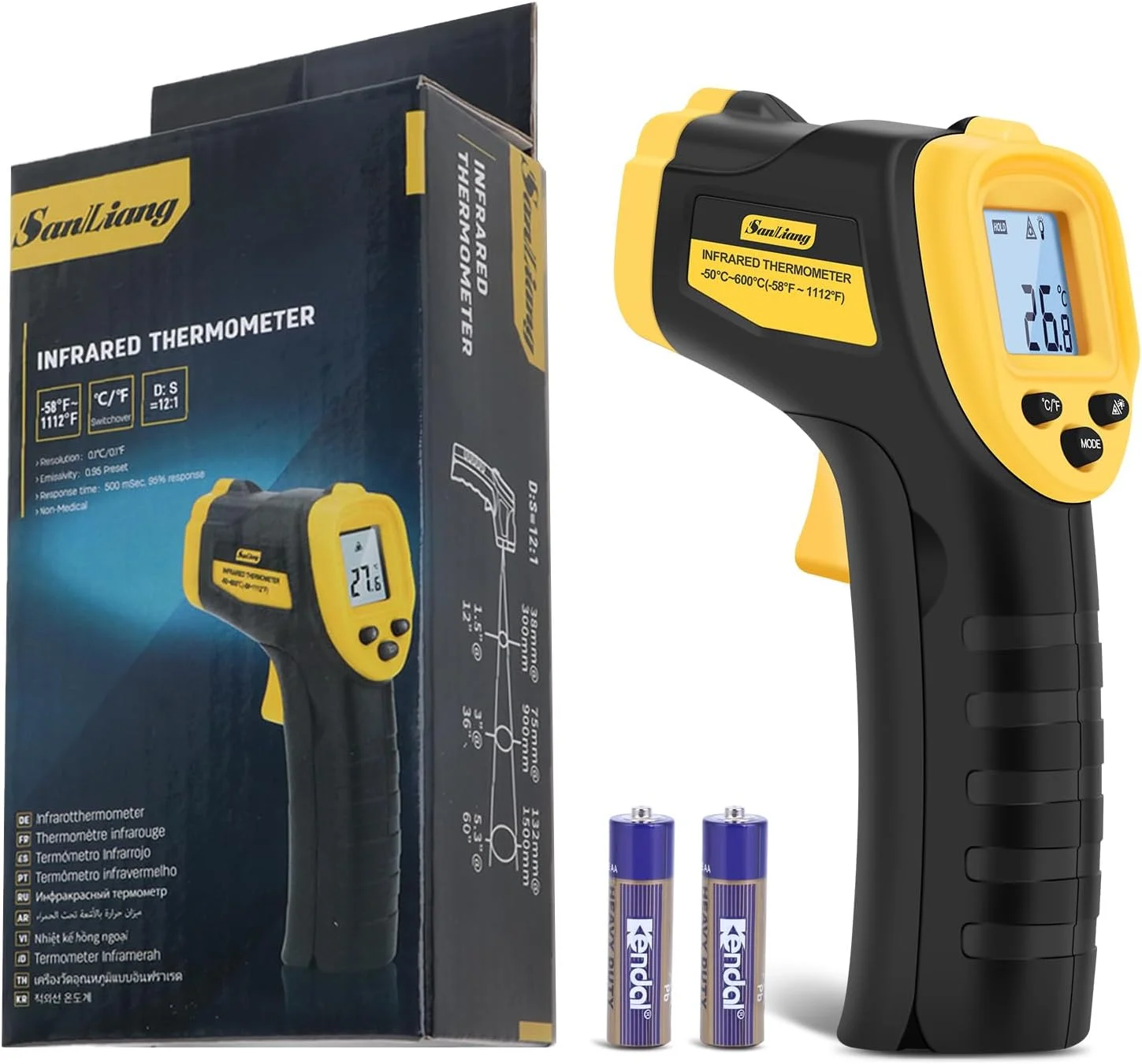 دماسنج لیزری مادون قرمز -50 تا 600 درجه سانتیگراد با قابلیت تنظیم ضریب تابش، حداکثر و حداقل اندازه گیری، دماسنج دیجیتال مادون قرمز لیزری، ابزار اندازه گیری دمای سطح برای پخت و پز.