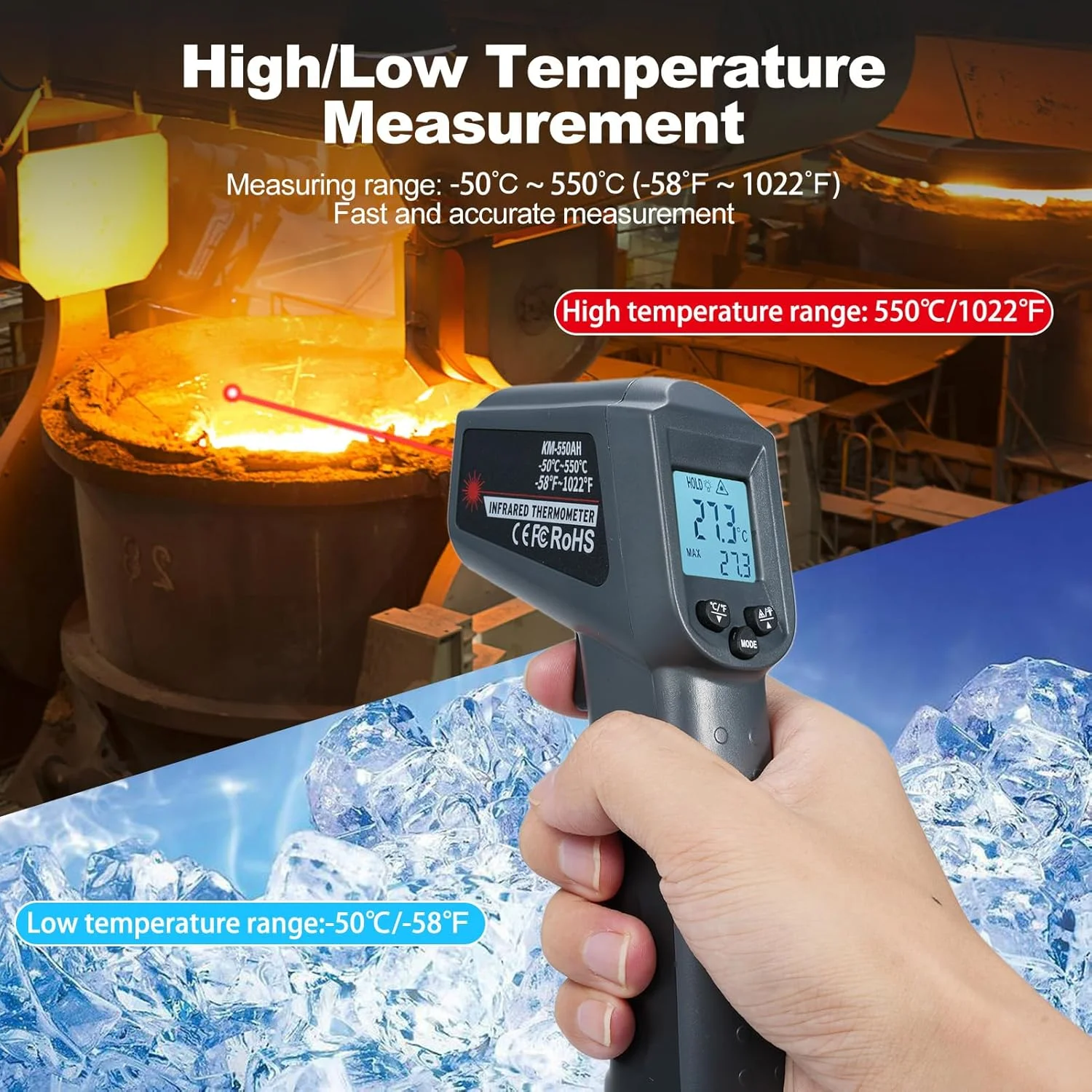 ترمومتر مادون قرمز غیر تماسی Morelian KM-550AH -50-550℃/-58-1022℉، تستر دمای دیجیتال دستی، ترمومتر صنعتی با دقت بالا با نور پس زمینه، نگه داری داده، خاموشی خودکار ترمومتر مادون قرمز غیر تماسی Morelian KM-550AH -50-550℃/-58-1022℉، تستر دمای دیجیتال دستی، ترمومتر صنعتی با دقت بالا با نور پس زمینه، نگه داری داده، خاموشی خودکار