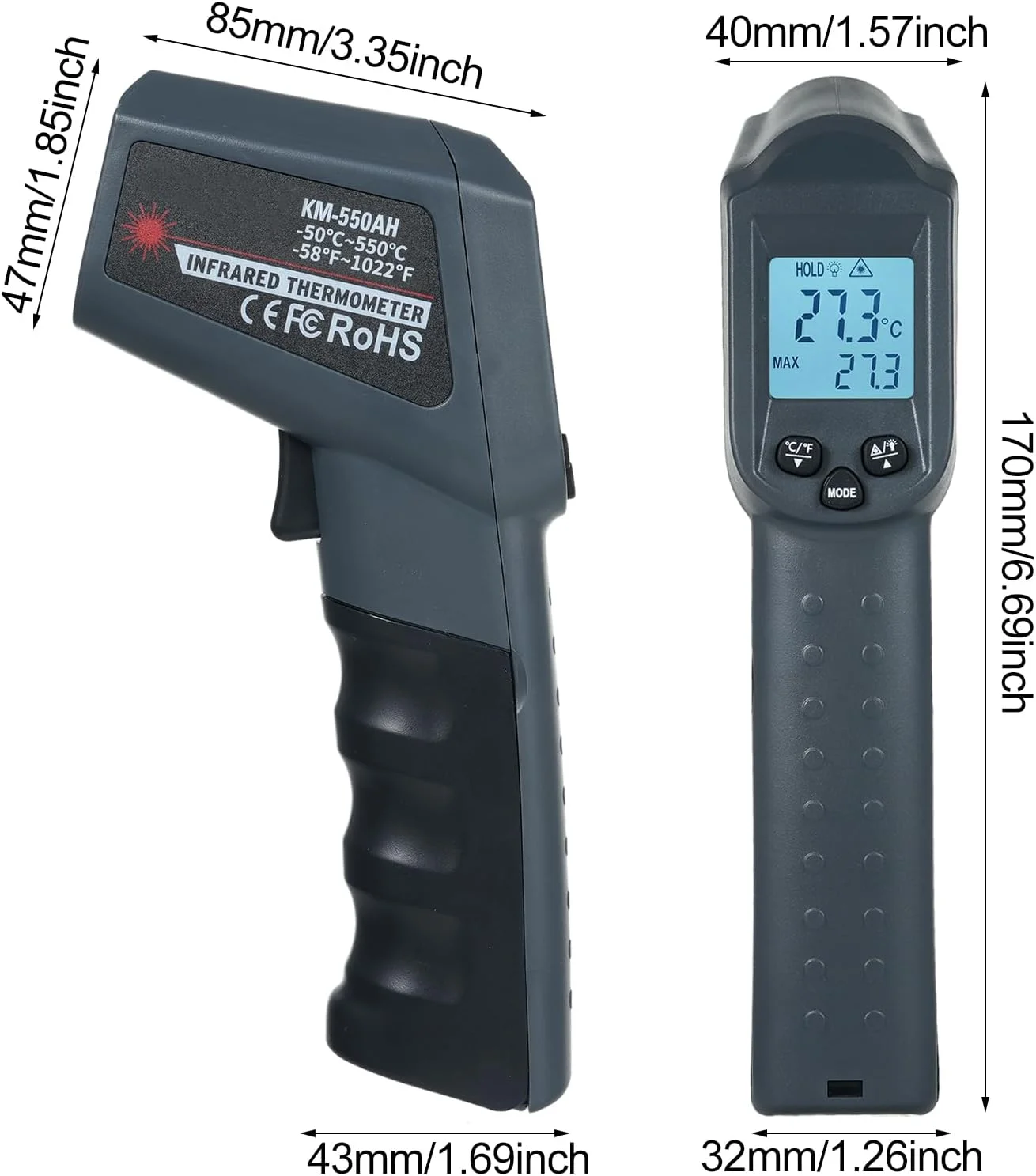 ترمومتر مادون قرمز غیر تماسی Morelian KM-550AH -50-550℃/-58-1022℉، تستر دمای دیجیتال دستی، ترمومتر صنعتی با دقت بالا با نور پس زمینه، نگه داری داده، خاموشی خودکار ترمومتر مادون قرمز غیر تماسی Morelian KM-550AH -50-550℃/-58-1022℉، تستر دمای دیجیتال دستی، ترمومتر صنعتی با دقت بالا با نور پس زمینه، نگه داری داده، خاموشی خودکار