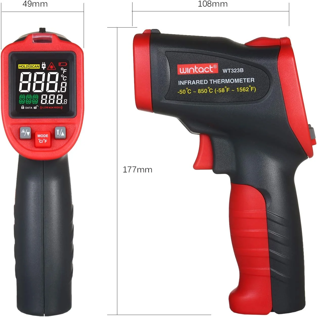 ترمومتر مادون قرمز Morelian -50℃～850℃ ترمومتر صنعتی حرفه ای با ترموکوپل نوع K ترمومتر لیزری دیجیتال دستی غیر تماسی تستر دما