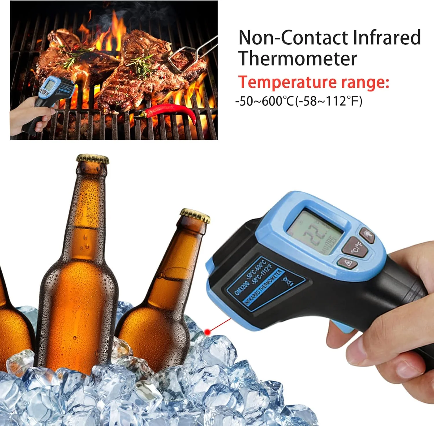 دماسنج لیزری دیجیتال غیر تماسی، محدوده دمایی -50 تا 600 درجه سانتیگراد با نمایشگر LCD، آبی