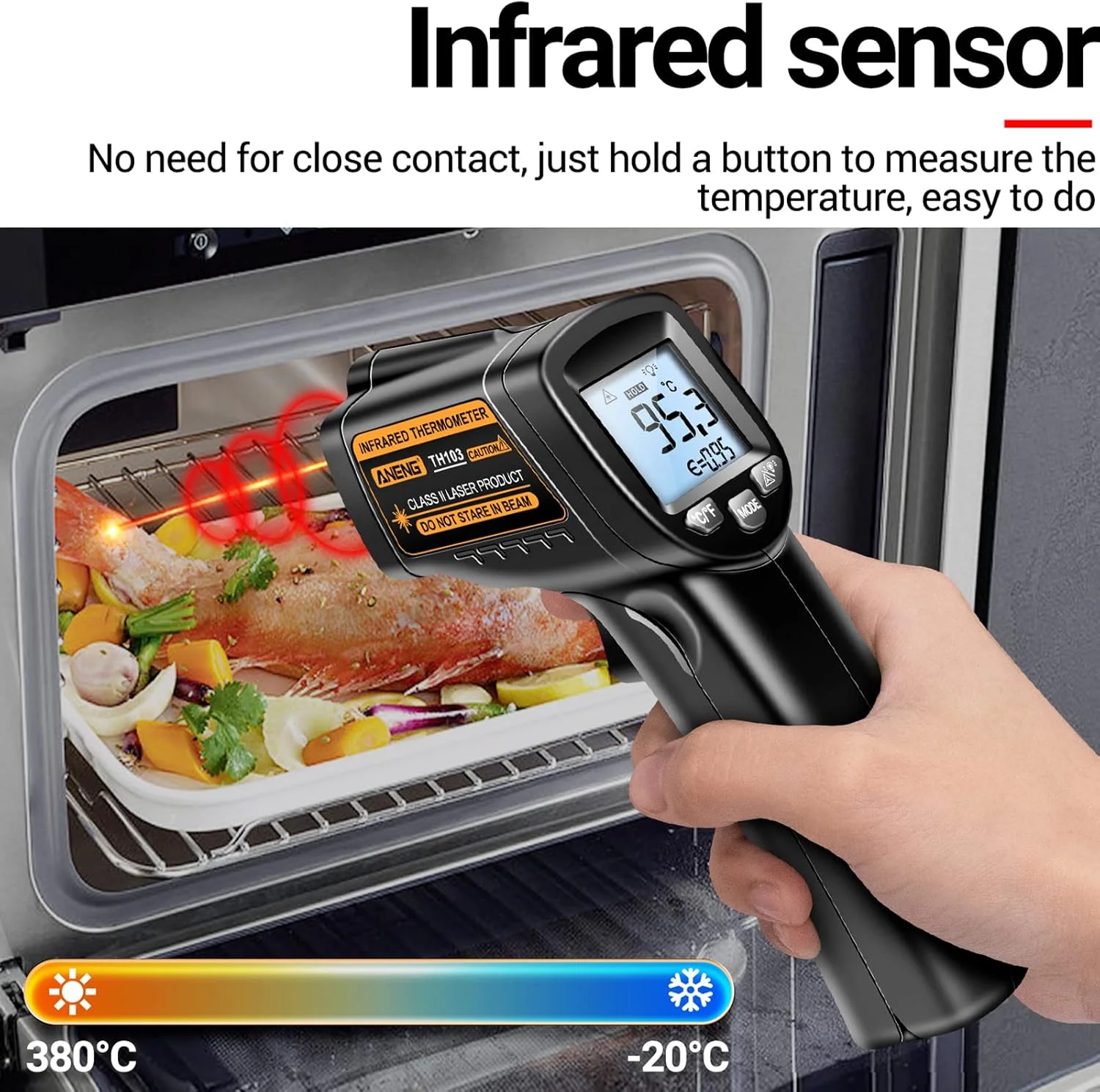 دماسنج مادون قرمز Newwyt، تفنگ لیزری اندازه گیری دما - دماسنج لیزری غیر تماسی با دمای بالا برای فر، اجاق گاز، مصارف صنعتی، پلاستیک مشکی