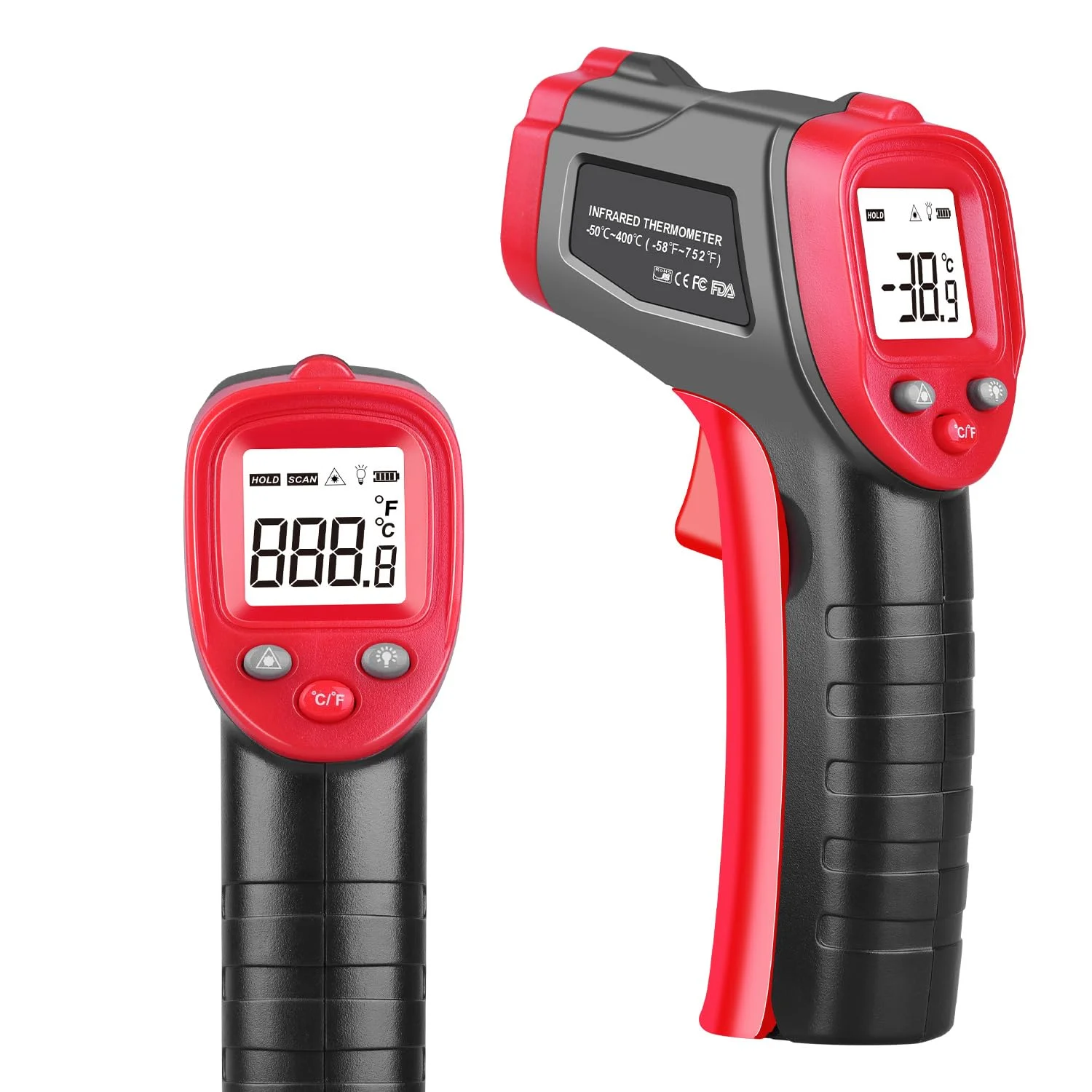 تفنگ دماسنج مادون قرمز، دماسنج لیزری غیر تماسی -50℃ تا 400℃، دماسنج تفنگی با قابلیت تنظیم ضریب انتشار، تفنگ اندازه گیری دما برای پخت و پز، باربیکیو، فر پیتزا