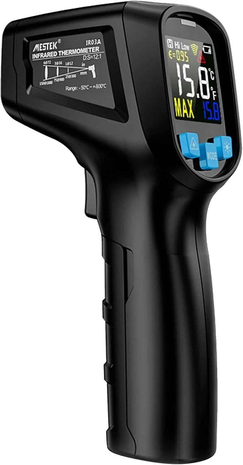 دماسنج صنعتی یونی تی، دماسنج دیجیتال LCD غیر تماسی دستی -50 تا 400 درجه سانتیگراد، پیرومتر تستر دمای مادون قرمز صنعتی با قابلیت تنظیم ضریب تشعشع