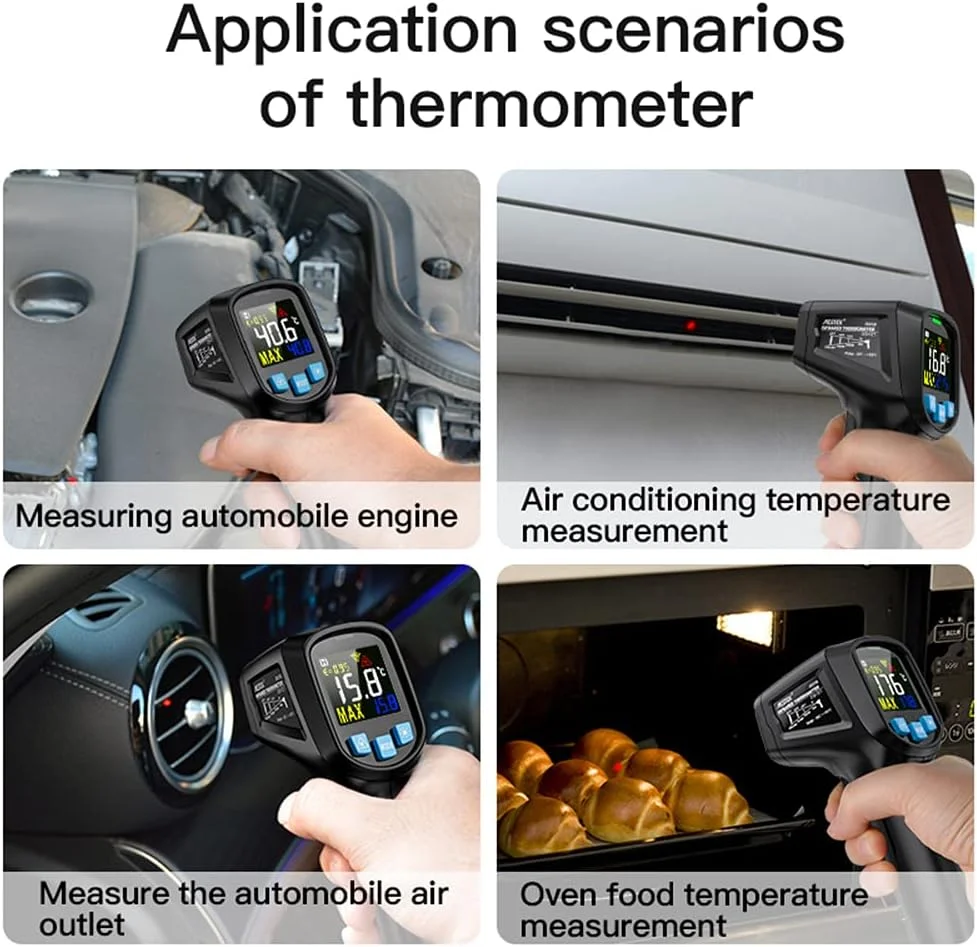 دماسنج صنعتی یونی تی، دماسنج دیجیتال LCD غیر تماسی دستی -50 تا 400 درجه سانتیگراد، پیرومتر تستر دمای مادون قرمز صنعتی با قابلیت تنظیم ضریب تشعشع