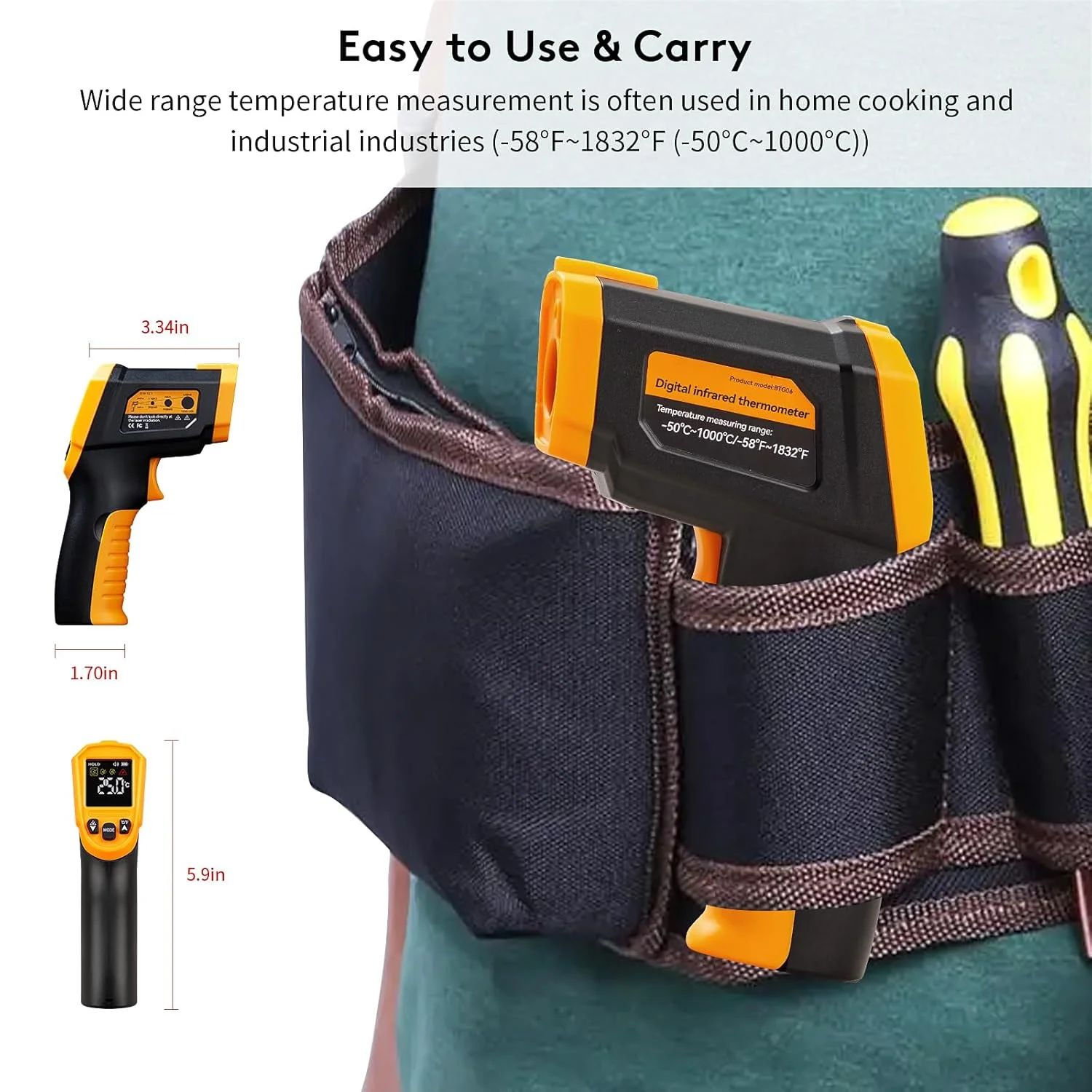 دماسنج مادون قرمز (غیر قابل استفاده برای انسان)، -50°C تا 1000°C، هشدار بالا و پایین، غیر تماسی، نمایشگر MAX/MIN/DIF/AVG، دماسنج لیزری دیجیتال برای پخت و پز، مصارف صنعتی