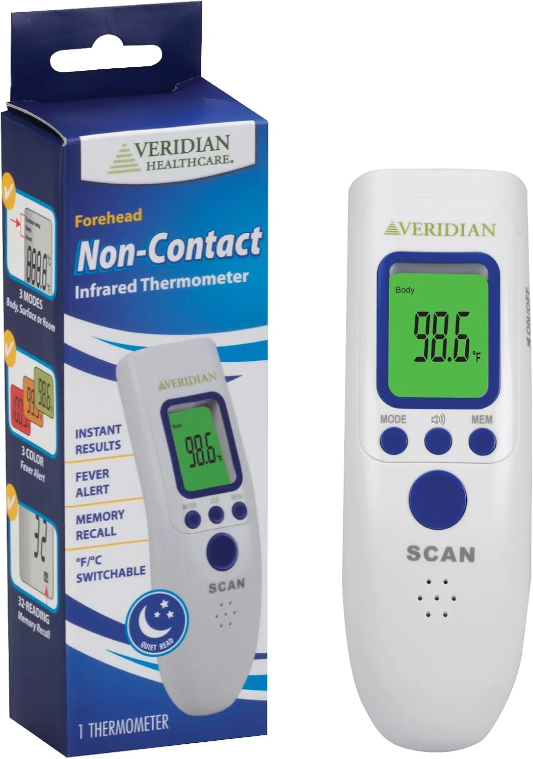 دماسنج مادون قرمز غیر تماسی Veridian Healthcare | برای کودکان و بزرگسالان | استفاده خانگی با نمایشگر هشدار تب 3 رنگ | خوانش دقیق فوری | اندازه گیری بدن، اشیاء، اتاق، فارنهایت/سانتیگراد