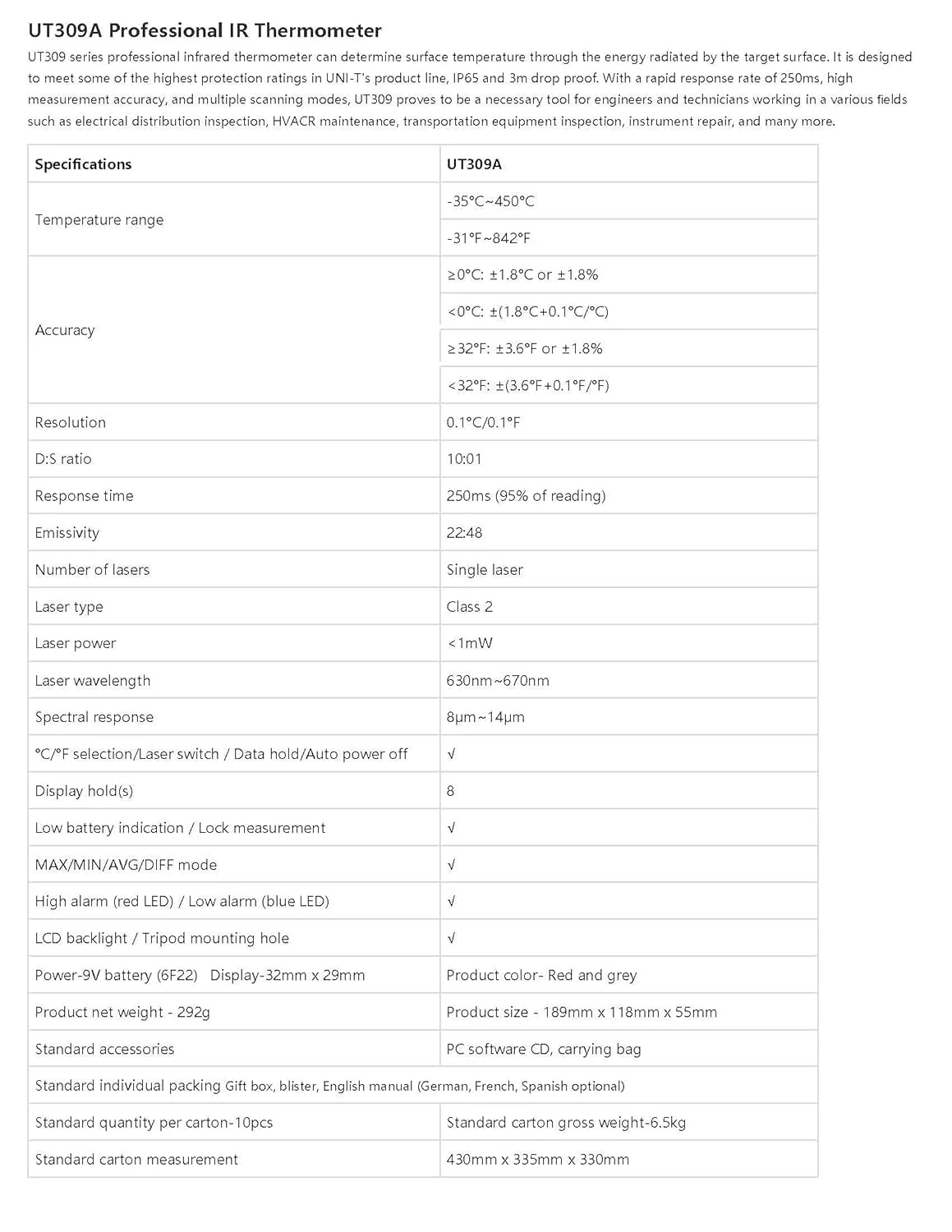 دماسنج مادون قرمز دیجیتال غیر تماسی حرفه ای UNI-T UT309A (-35C~450C) دماسنج مادون قرمز دیجیتال غیر تماسی حرفه ای UNI-T UT309A (-35C~450C)