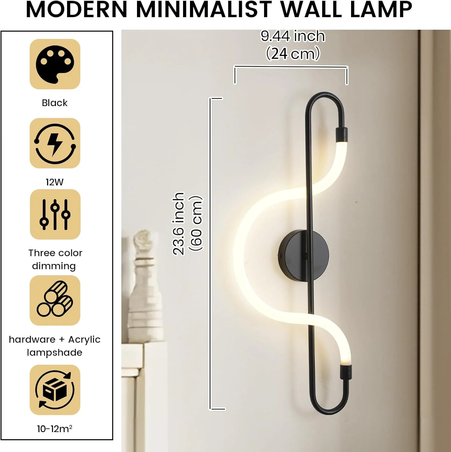 چراغ دیواری ال ای دی مدرن یاتای، چراغ دیواری مستطیلی مینیمالیستی 12 وات با کنترل سوئیچ، آباژور اکریلیک و فلزی 3000K-6000K برای اتاق خواب، راهرو، اتاق غذاخوری، کنار آینه، مشکی، 60 سانتی متر چراغ دیواری ال ای دی مدرن یاتای، چراغ دیواری مستطیلی مینیمالیستی 12 وات با کنترل سوئیچ، آباژور اکریلیک و فلزی 3000K-6000K برای اتاق خواب، راهرو، اتاق غذاخوری، کنار آینه، مشکی، 60 سانتی متر