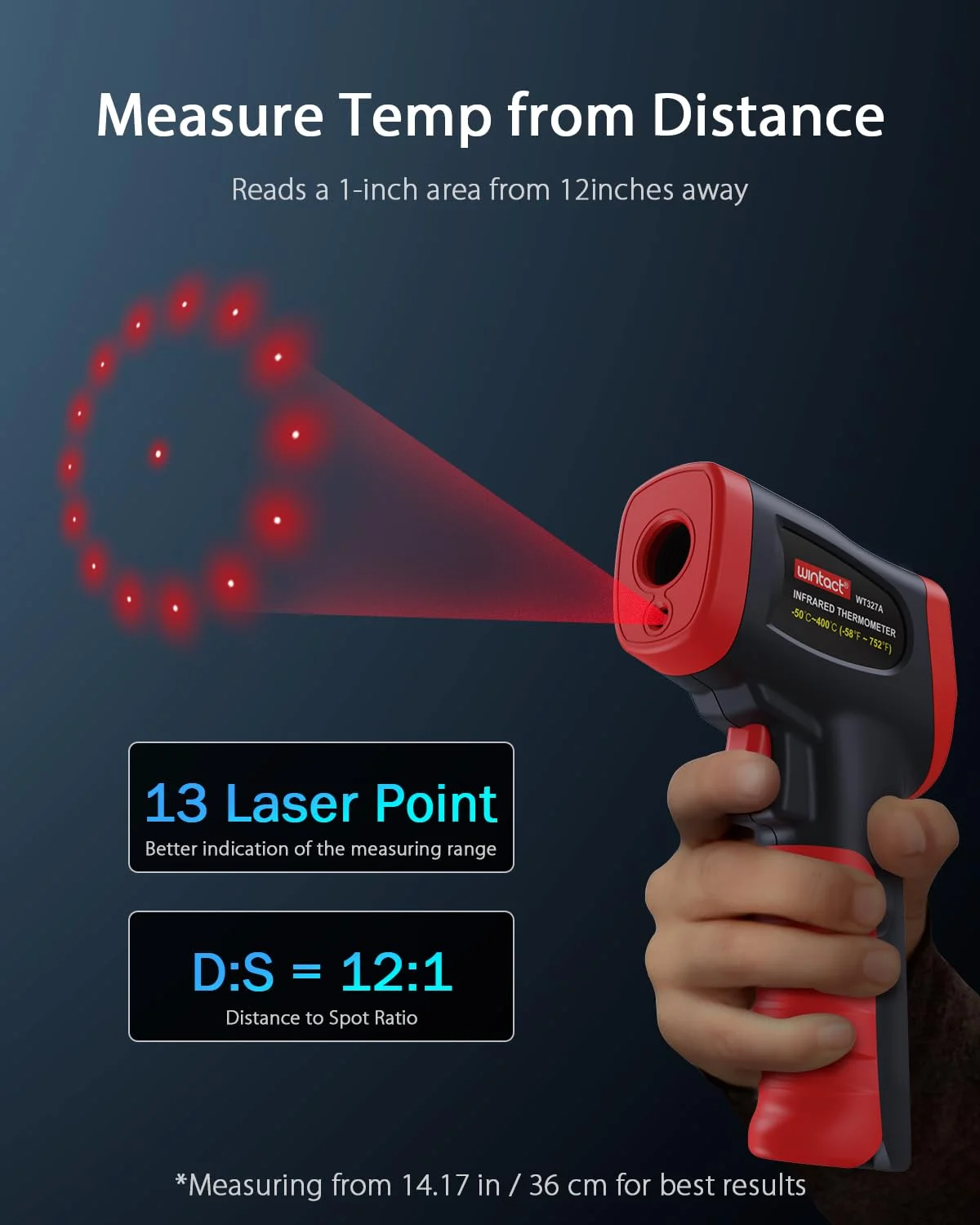 دماسنج تفنگی مادون قرمز Wintact، دماسنج دیجیتال غیر تماسی 50- تا 600 درجه سانتیگراد، قابلیت تنظیم ضریب تشعشع، حداکثر اندازه گیری برای پخت و پز، کباب کردن، گوشت و فر (غیر انسانی)