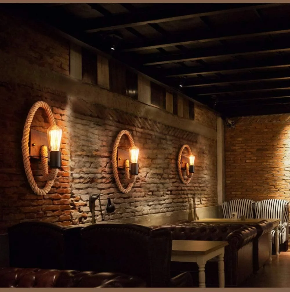 چراغ دیواری طنابی کنفی، دیوارکوب آهنی طرح قدیمی، چراغ دیواری بادی صنعتی آمریکایی، چراغ خواب خلاقانه کنار تخت 19 * 40 سانتی متر