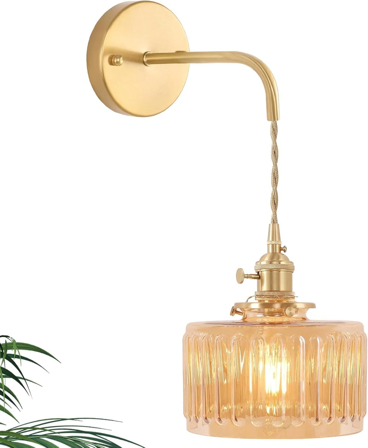 چراغ دیواری شمعدانی با حباب شیشه ای راه راه کهربایی، زنجیر قابل تنظیم، چراغ دیواری طلایی یکپارچهسازی با سیستمعامل برای اتاق خواب، راهروی داخلی، چراغ مدرن با سوئیچ چرخشی برای لامپ E27 (کهربایی، بدون لامپ)