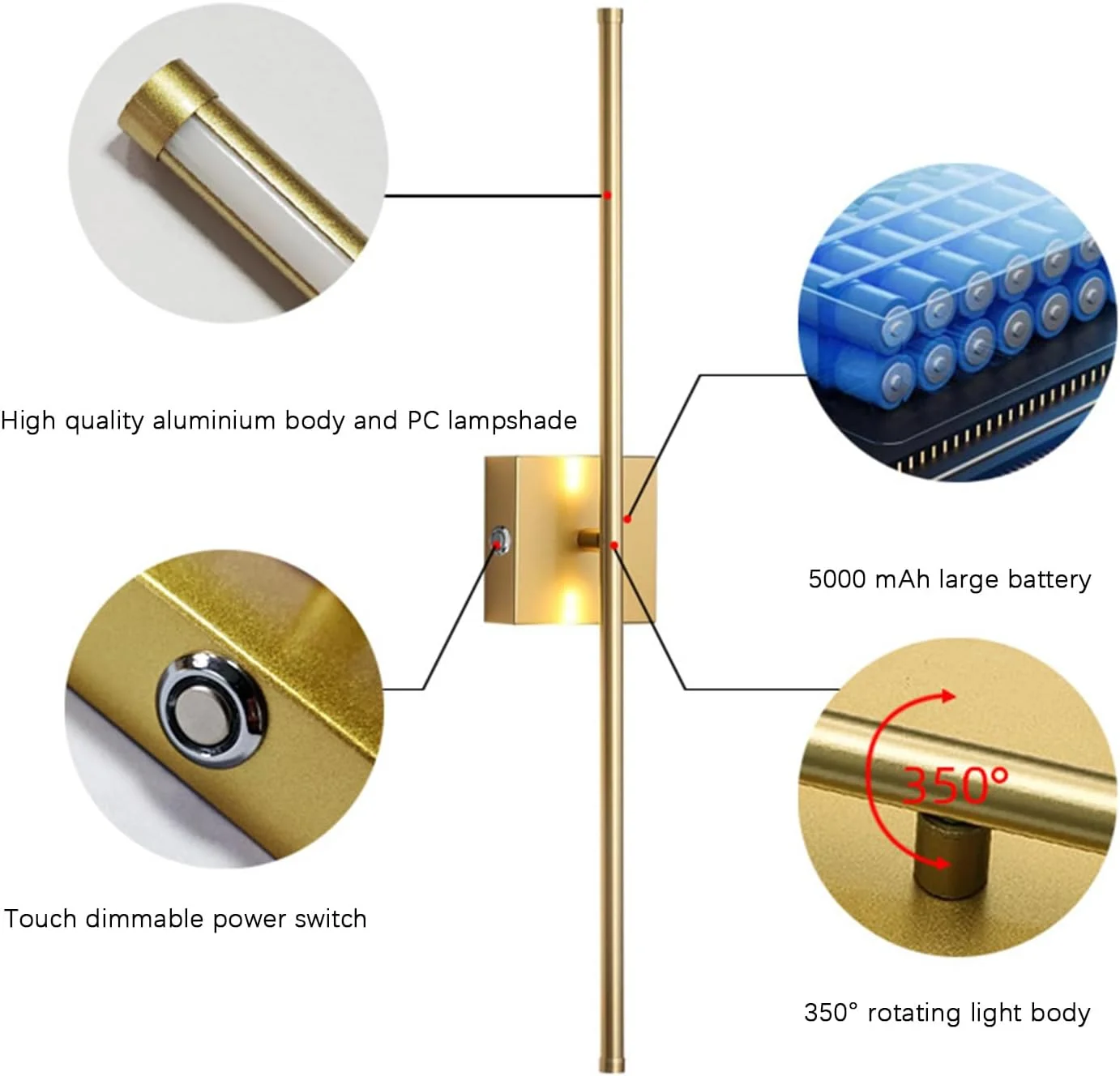 چراغ دیواری LED قابل شارژ TZSMUM با باتری USB، دارای کلید کنترل از راه دور، چراغ دیواری بلند، چرخش 350 درجه، مناسب اتاق نشیمن و اتاق خواب مدرن (گرد طلایی، 2 عدد) چراغ دیواری LED قابل شارژ TZSMUM با باتری USB، دارای کلید کنترل از راه دور، چراغ دیواری بلند، چرخش 350 درجه، مناسب اتاق نشیمن و اتاق خواب مدرن (گرد طلایی، 2 عدد)