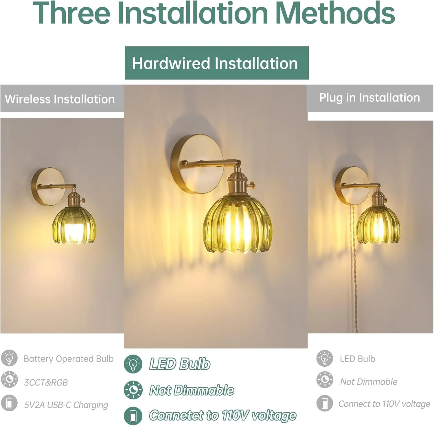 چراغ دیواری مدرن وینتیج با یک لامپ و شیشه لاله سبز، چراغ دیواری برنجی قابل تنظیم 180 درجه با کلید برای کنار تخت، اتاق خواب و ورودی چراغ دیواری مدرن وینتیج با یک لامپ و شیشه لاله سبز، چراغ دیواری برنجی قابل تنظیم 180 درجه با کلید برای کنار تخت، اتاق خواب و ورودی