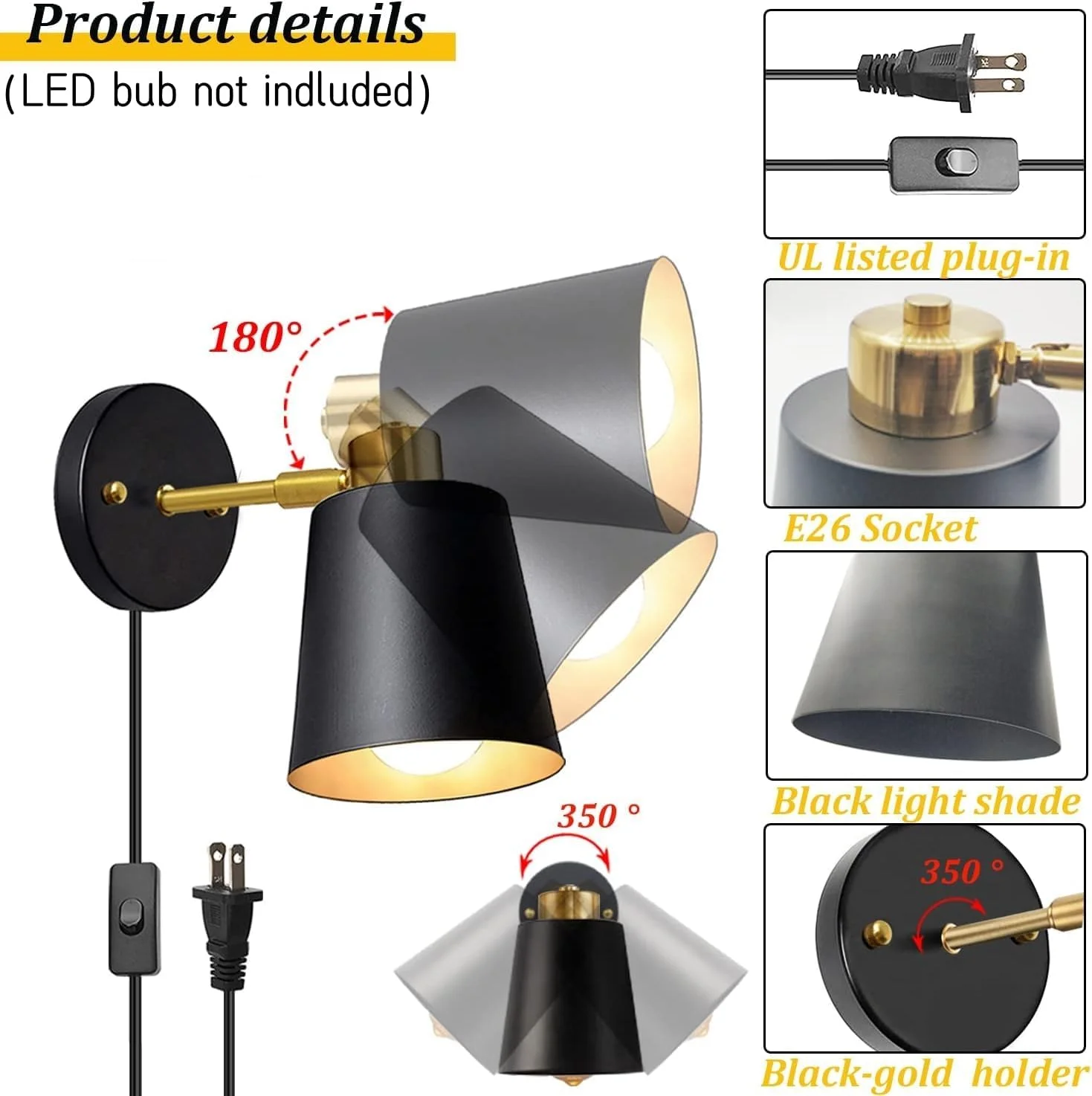 ست 2 عددی چراغ دیواری با سیم، دکور دیواری، چراغ دیواری با زاویه چرخان مشکی، چراغ مطالعه دیواری فلزی به سبک صنعتی قدیمی برای اتاق خواب، کنار تخت، اتاق نشیمن (مشکی) ست 2 عددی چراغ دیواری با سیم، دکور دیواری، چراغ دیواری با زاویه چرخان مشکی، چراغ مطالعه دیواری فلزی به سبک صنعتی قدیمی برای اتاق خواب، کنار تخت، اتاق نشیمن (مشکی)