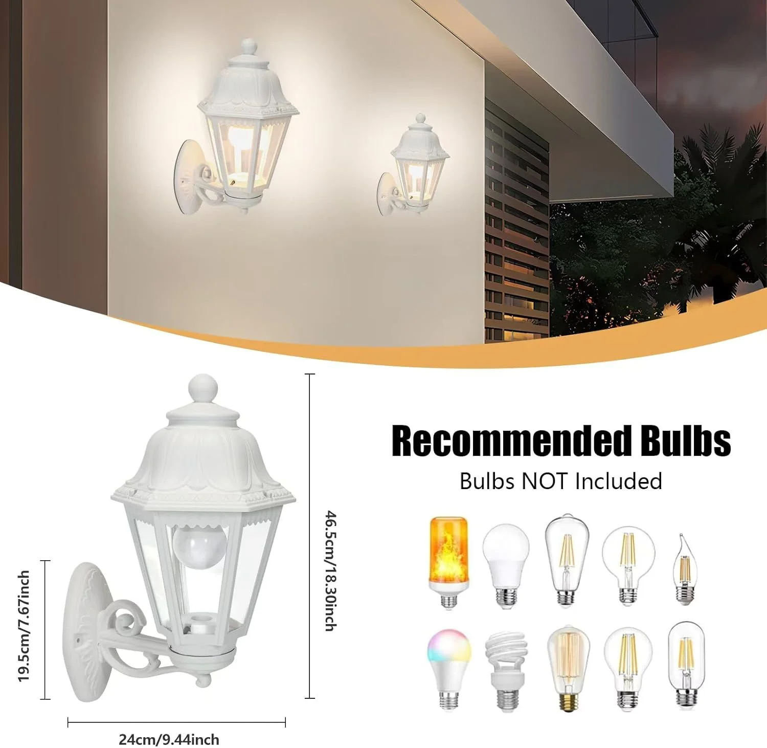 چراغ باغی بیرونی، فانوس دیواری ضدآب خارجی، چراغ ایوان با سرپیچ E27 و حباب آکریلیک، چراغ بیرونی سفید مدرن برای درب ورودی پاسیو
