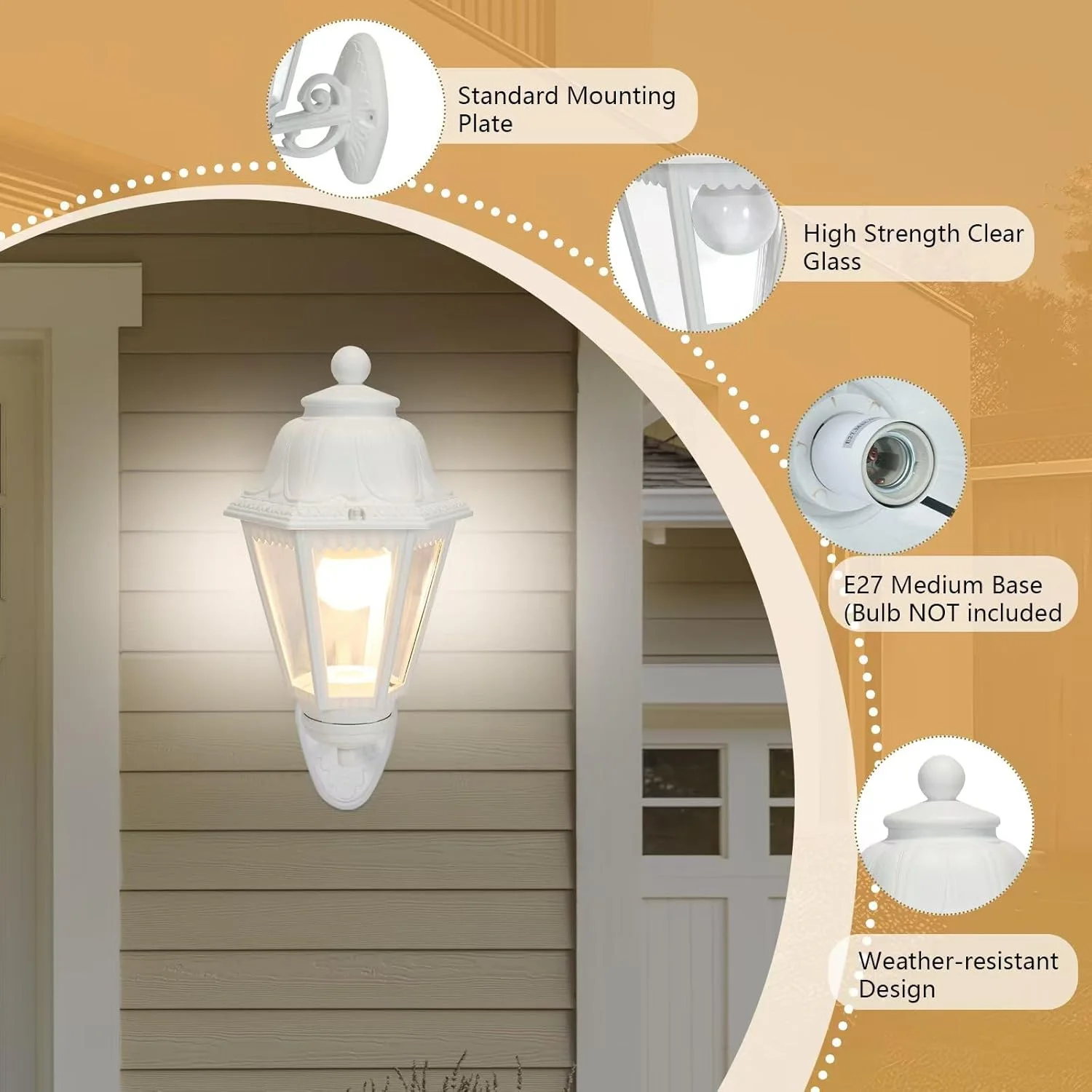 چراغ باغی بیرونی، فانوس دیواری ضدآب خارجی، چراغ ایوان با سرپیچ E27 و حباب آکریلیک، چراغ بیرونی سفید مدرن برای درب ورودی پاسیو