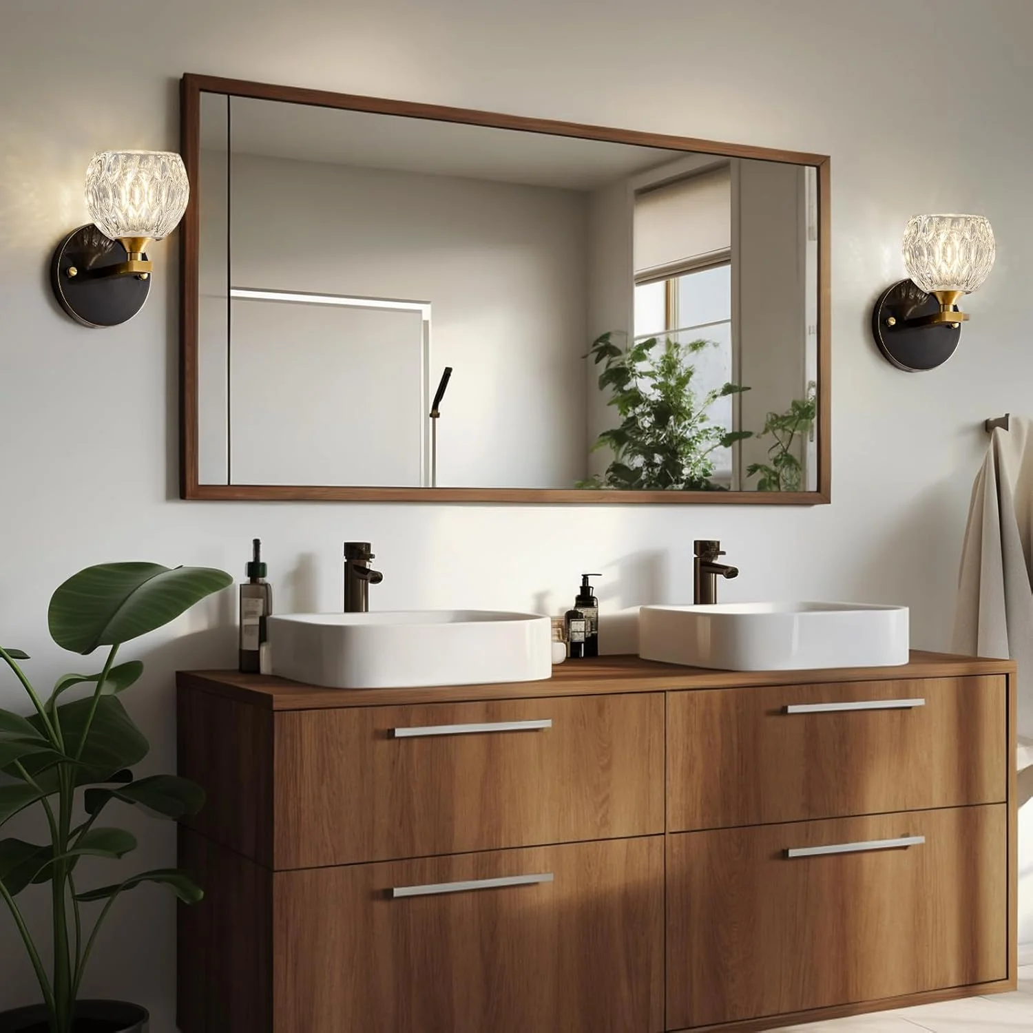 چراغ دیواری مشکی مدرن PXFLCRY، چراغ دیواری با شیشه برای فضای داخلی، چراغ دیواری برنجی عتیقه به همراه لامپ G9*1، مناسب اتاق خواب، اتاق نشیمن و حمام