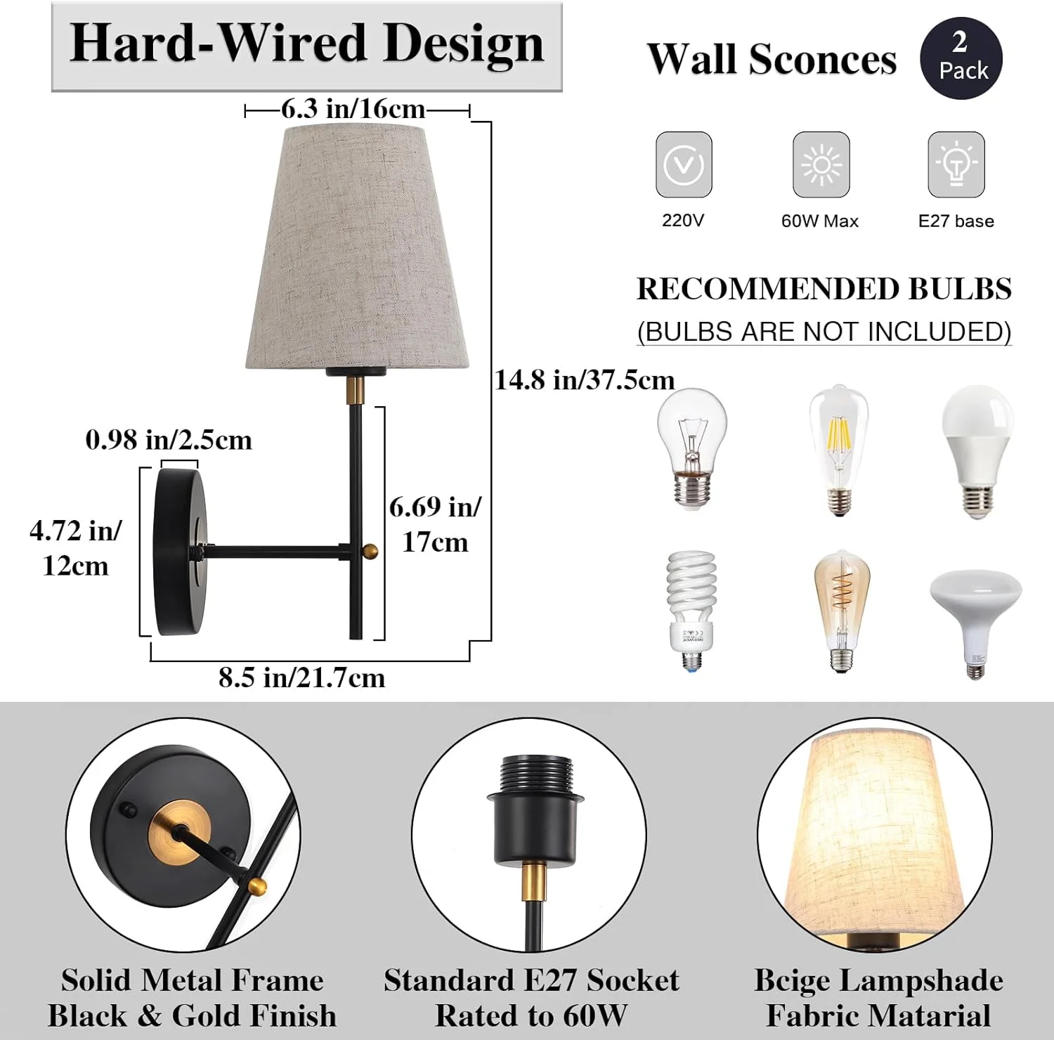 ست 2 عددی چراغ دیواری مشکی و طلایی MRHYSWD برای اتاق نشیمن و اتاق خواب، چراغ های دیواری مدرن، چراغ های دیواری داخلی، چراغ های دیواری قدیمی برای کنار تخت، حمام، راهرو، بدون لامپ E27