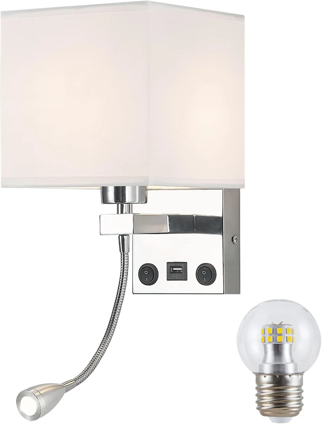 چراغ دیواری مدرن با پورت USB و چراغ مطالعه، چراغ دیواری کنار تخت برای هتل، اتاق نشیمن، دفتر (نقره ای) چراغ دیواری مدرن با پورت USB و چراغ مطالعه، چراغ دیواری کنار تخت برای هتل، اتاق نشیمن، دفتر (نقره ای)