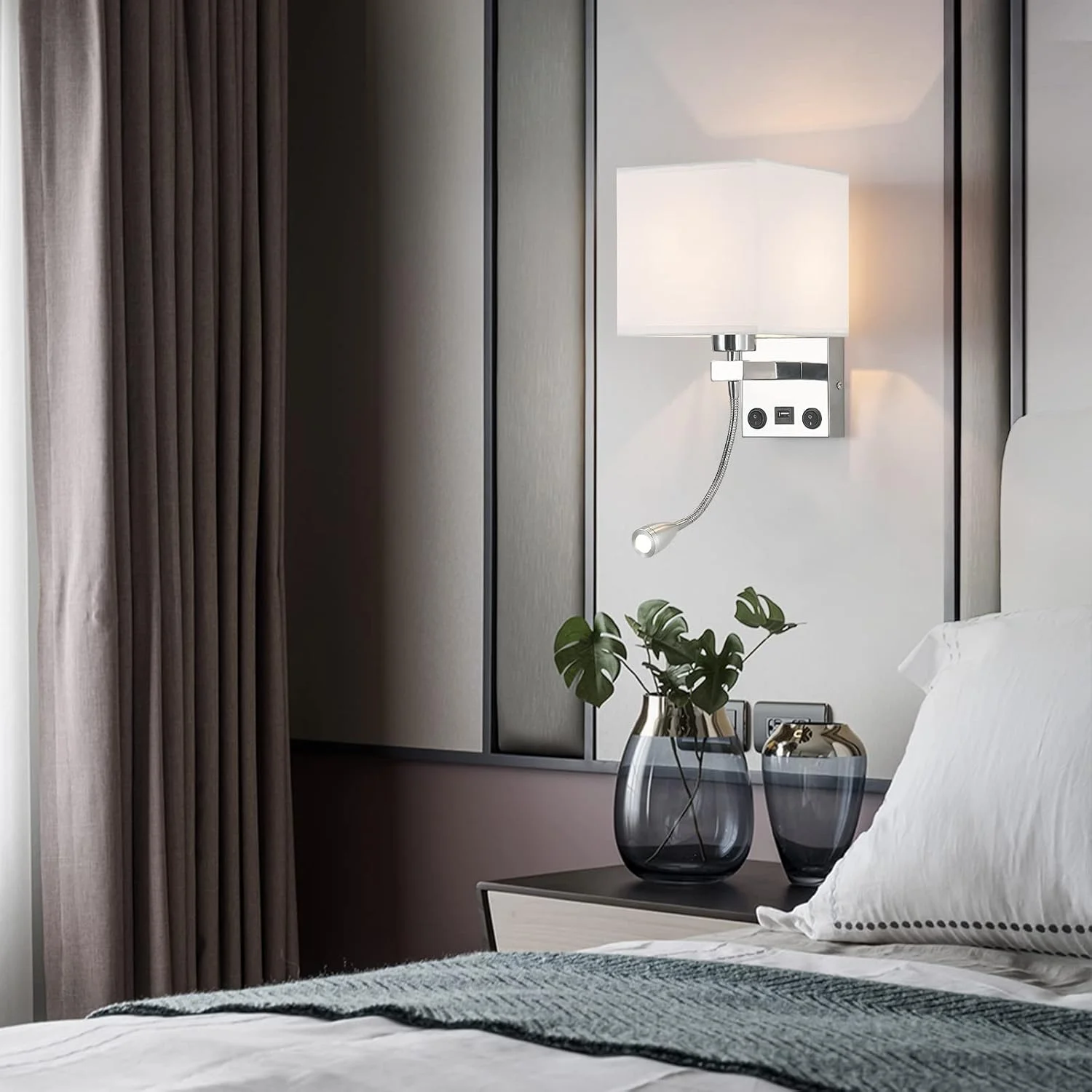 چراغ دیواری مدرن با پورت USB و چراغ مطالعه، چراغ دیواری کنار تخت برای هتل، اتاق نشیمن، دفتر (نقره ای) چراغ دیواری مدرن با پورت USB و چراغ مطالعه، چراغ دیواری کنار تخت برای هتل، اتاق نشیمن، دفتر (نقره ای)